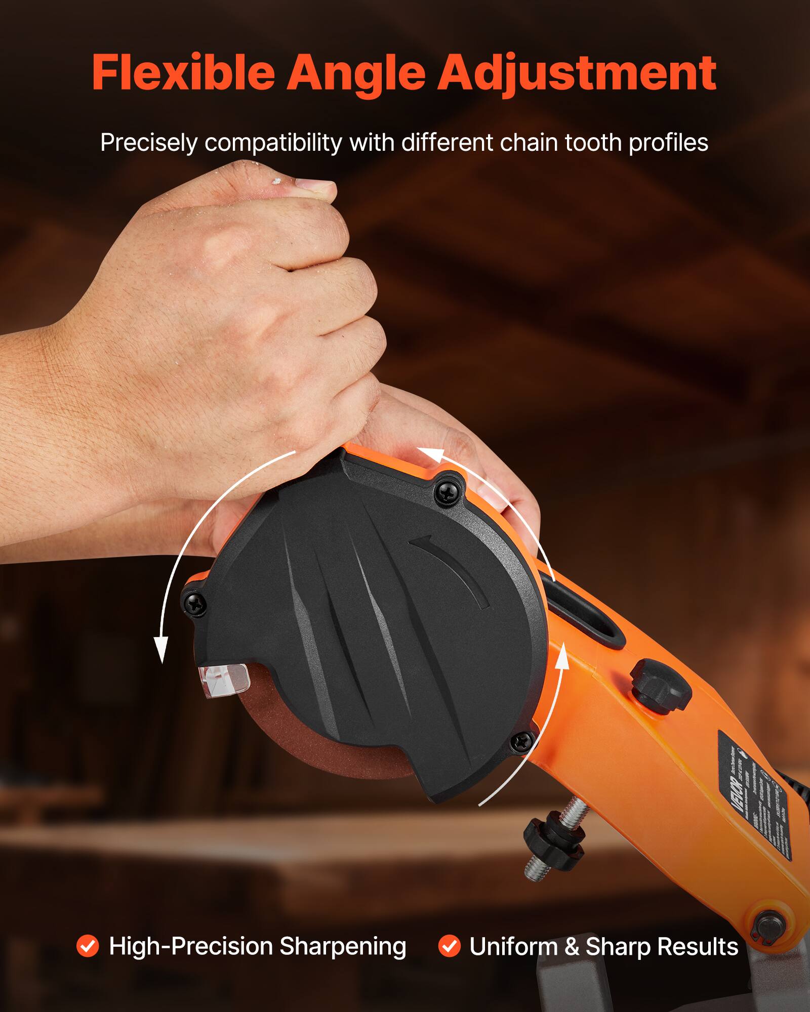 Flexible Angle Adjustment  
Precisely compatible with different chain tooth profiles  

High-Precision Sharpening  
Uniform & Sharp Results