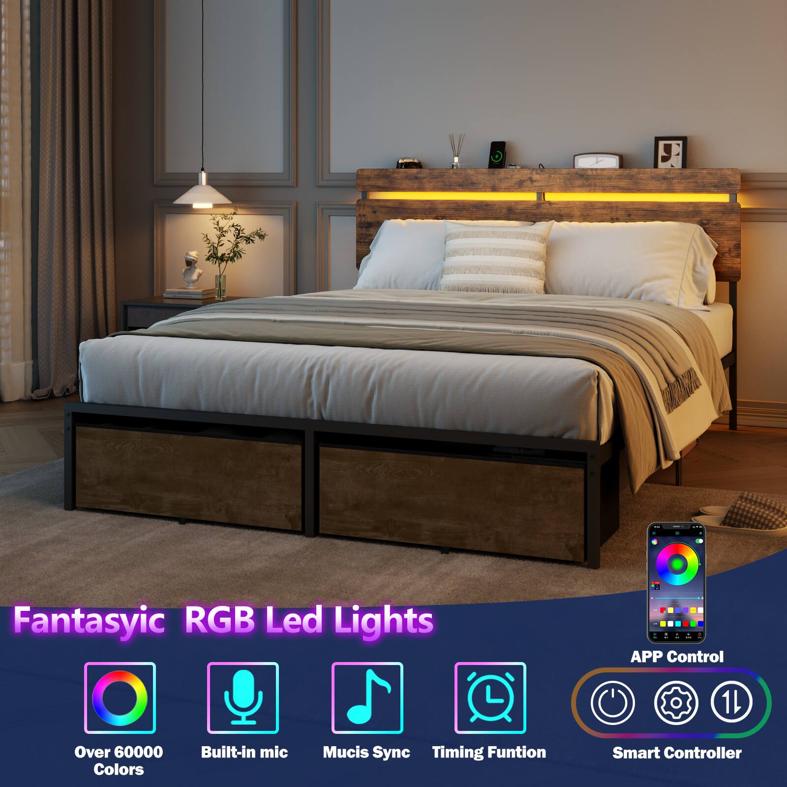 Fantasyic RGB Led Lights  
APP Control  
Over 60000 Colors  
Built-in mic  
Music Sync  
Timing Function  
Smart Controller