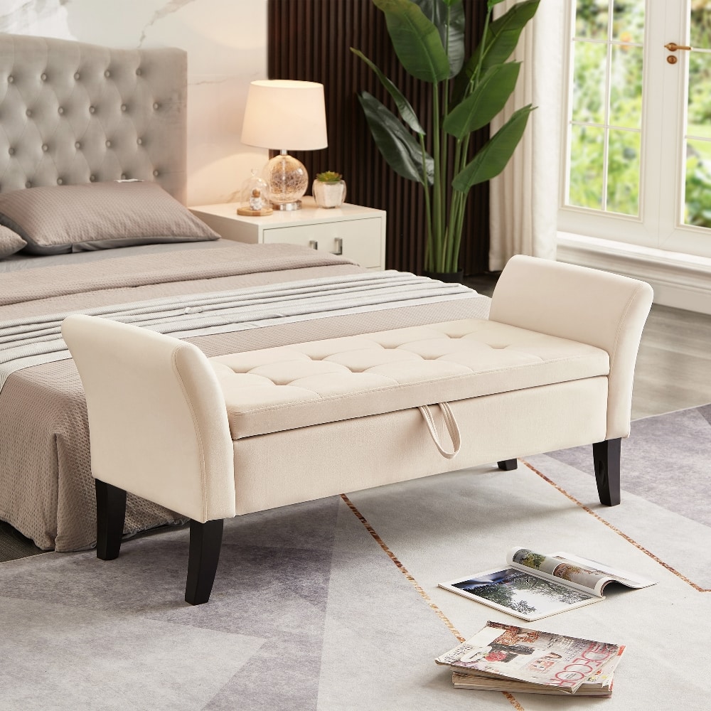 Ropilly - Velvet Tufted Storage Bench with Curved Arms for Bedroom Entryway - Beige
