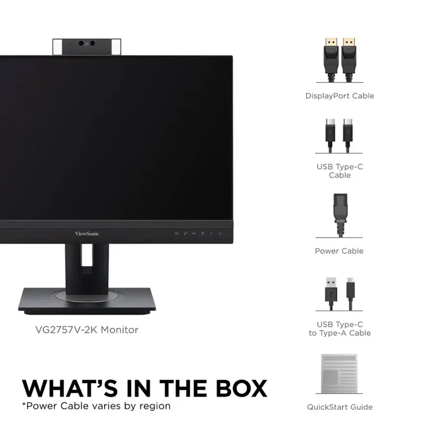 The text on the image can be grouped and corrected as follows:

* DisplayPort Cable
* USB Type-C Cable
* ViewSonic VG2757V-2K Monitor
* USB Type-C to Type-A Cable
* Power Cable varies by region
* QuickStart Guide

This information provides a clear description of the contents of the box, including the monitor, cables, and a guide for quick setup.