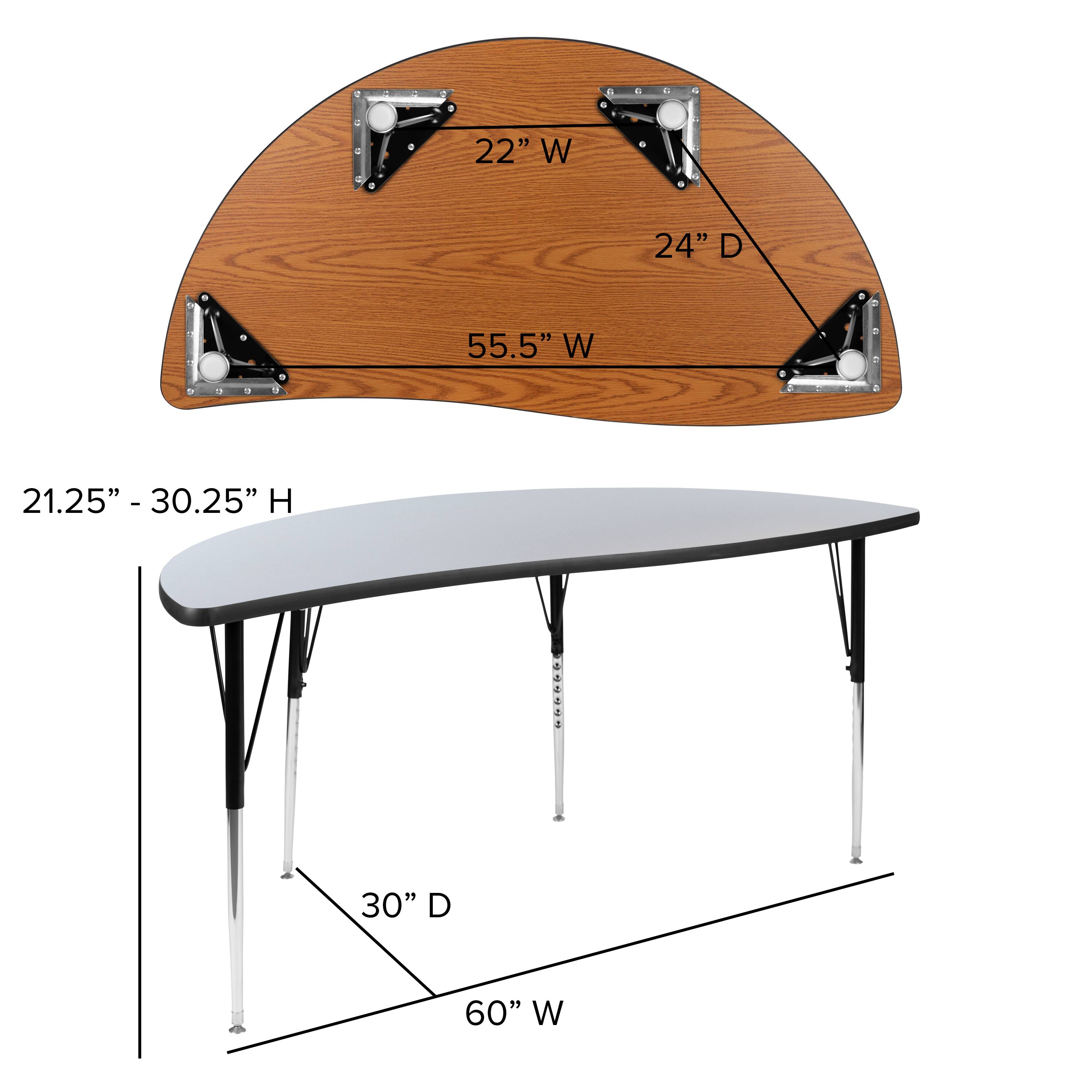 22" W  
24" D  
55.5" W  
21.25" - 30.25" H  
30" D  
60" W