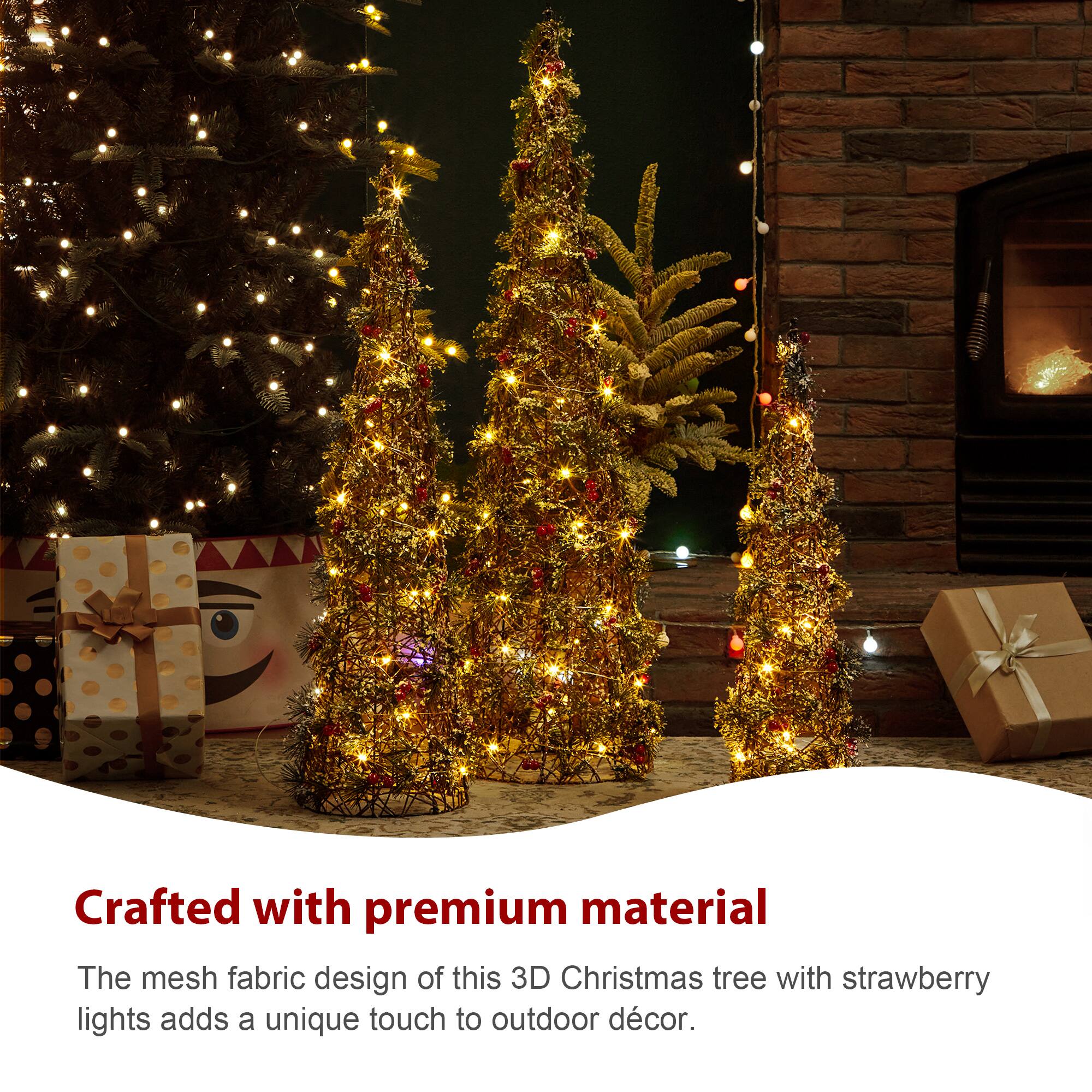 Crafted with premium material

The mesh fabric design of this 3D Christmas tree with strawberry lights adds a unique touch to outdoor décor.