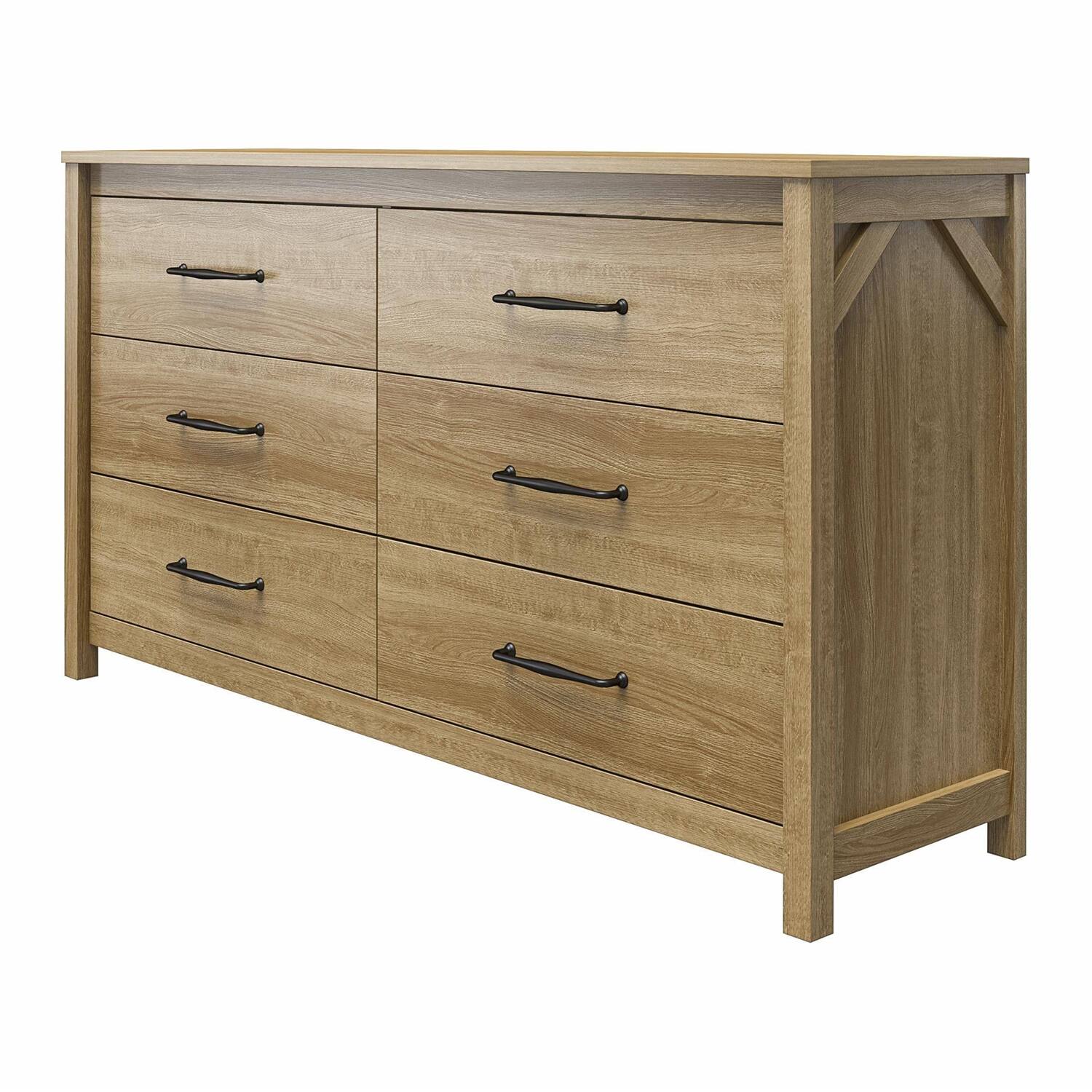 Angle. Hivvago - Rustic Farmhouse 6-Drawer Dresser in Natural Wood Finish - Natural.