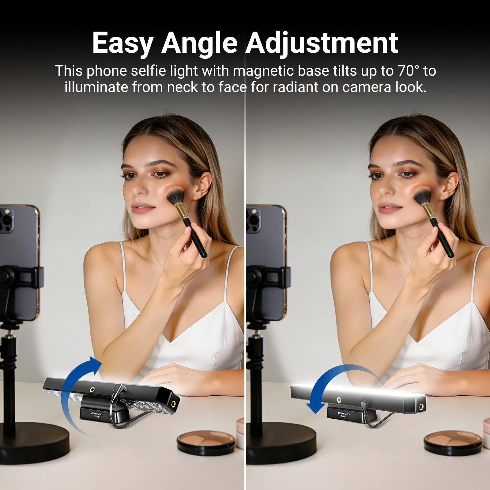 Easy Angle Adjustment

This phone selfie light with magnetic base tilts up to 70° to illuminate from neck to face for radiant on camera look.