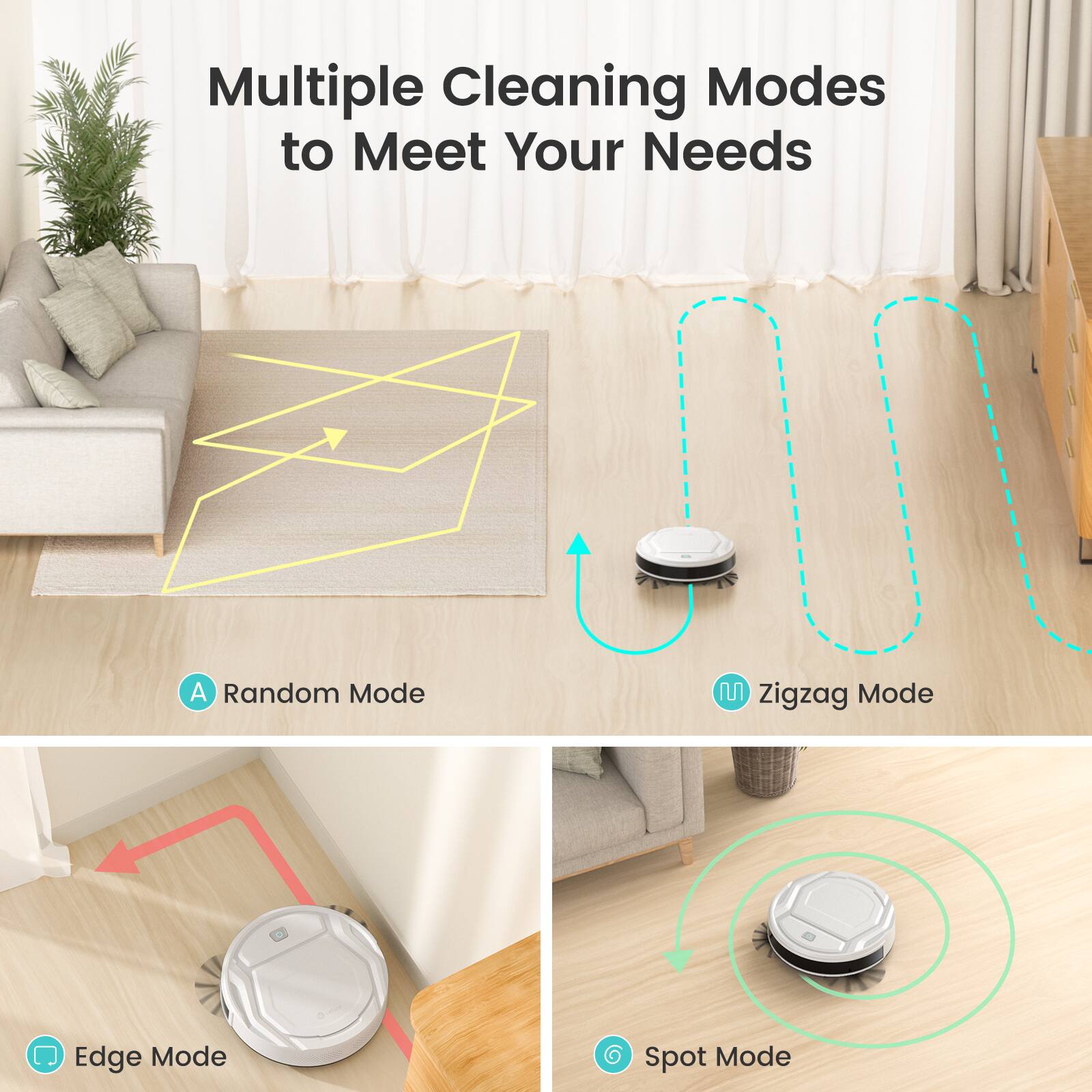 Multiple Cleaning Modes to Meet Your Needs
A Random Mode
Zigzag Mode
Edge Mode
Spot Mode