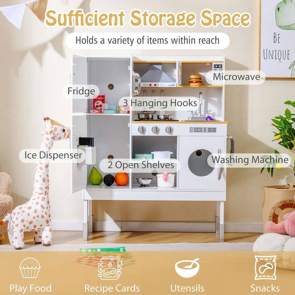 Sufficient Storage Space  
Holds a variety of items within reach  

- Fridge  
- Microwave  
- 3 Hanging Hooks  
- Ice Dispenser  
- 2 Open Shelves  
- Washing Machine  

BE UNIQUE  

- Play Food  
- Recipe Cards  
- Utensils  
- Snacks
