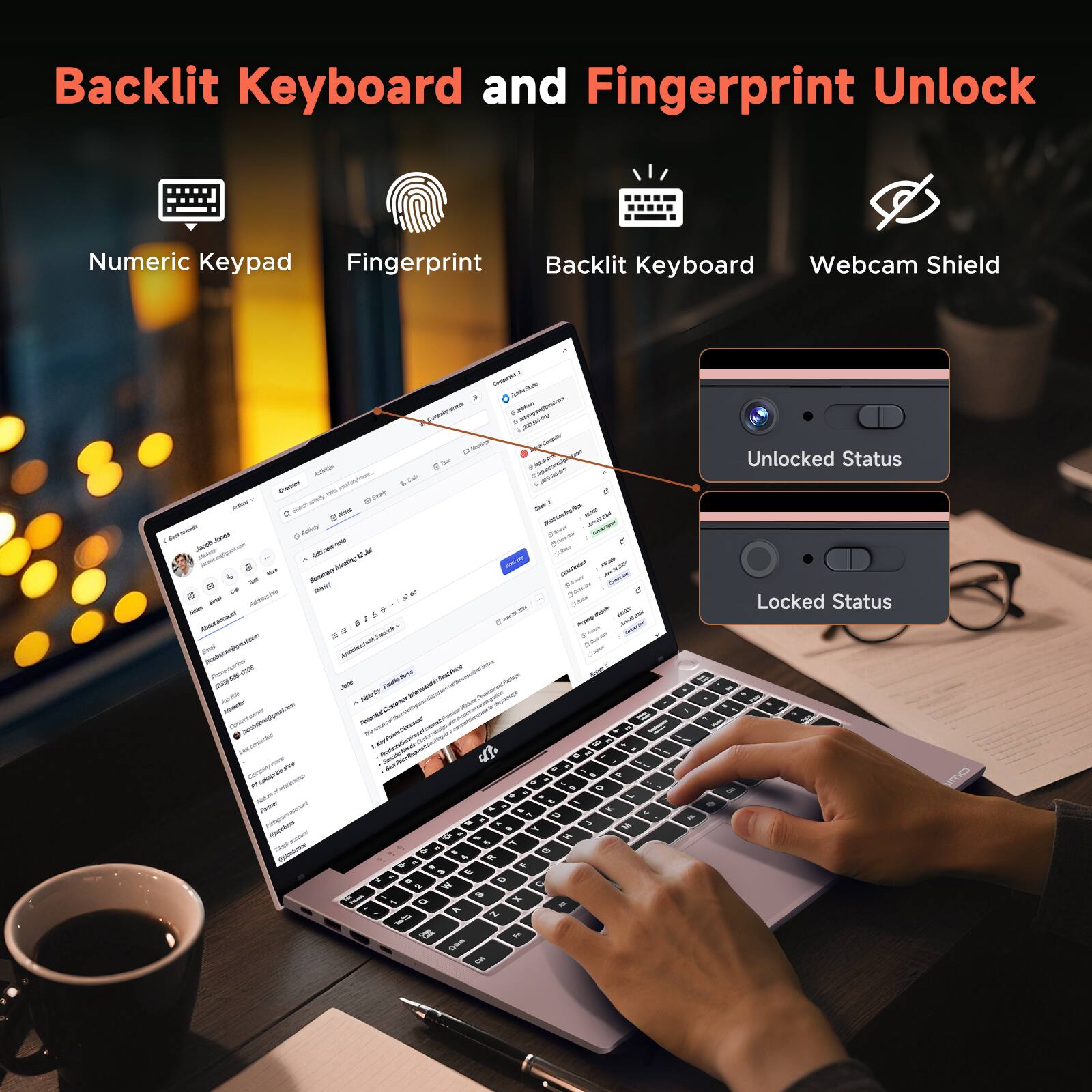 Backlit Keyboard and Fingerprint Unlock

- Numeric Keypad
- Fingerprint
- Backlit Keyboard
- Webcam Shield

Unlocked Status
Locked Status