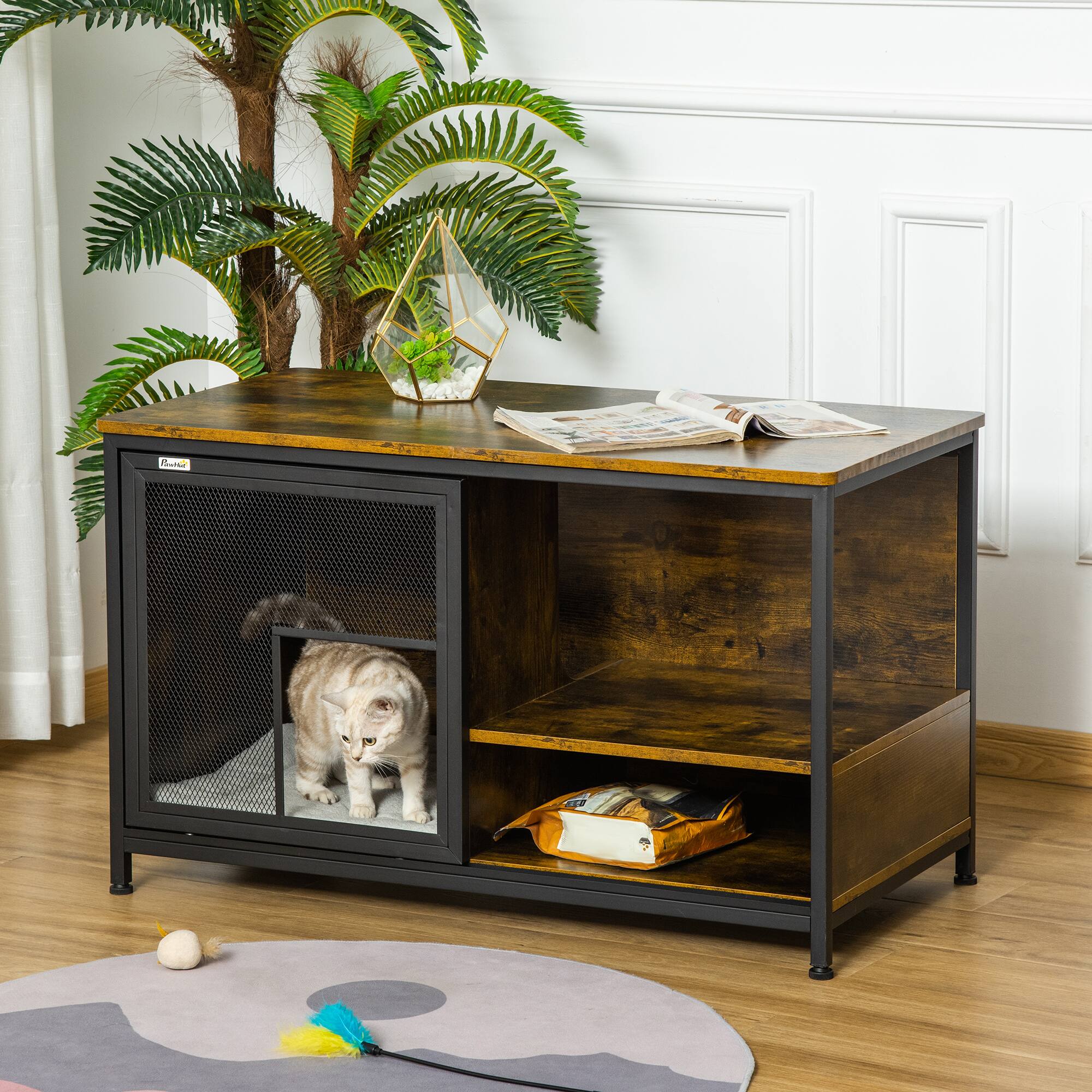 Angle. Pawhut - Wooden Cat Crate, Furniture Style Dog Cage, Puppy Kennel Indoor, End Table Pet House with Cushion, Sliding Doors.