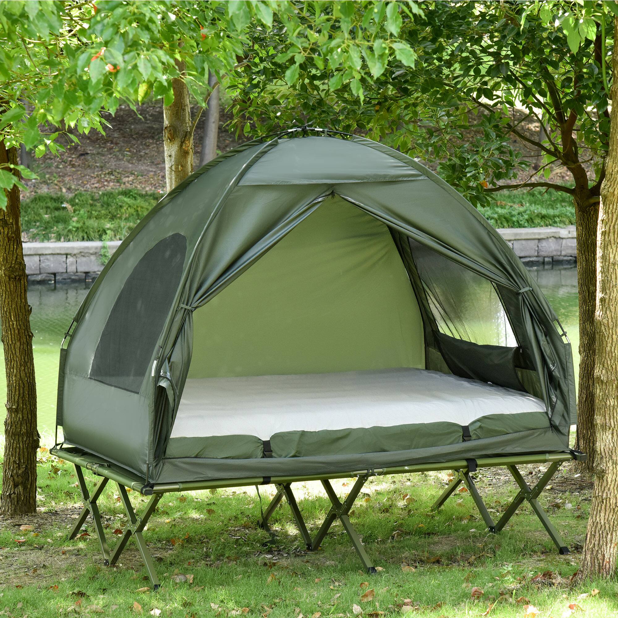 Alt View 1. Outsunny - 2-Person Tent Cot, 4-in-1 Folding Tent Combo with Air Mattress, Foot Pump, Carry Bag, Off Ground Travel Cot - Dark Green.