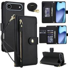 Dteck - Zipper Wallet Case for Apple iPhone Air,Crossbody Faux Leather Folio Cover with Card Holder Kickstand - Black
