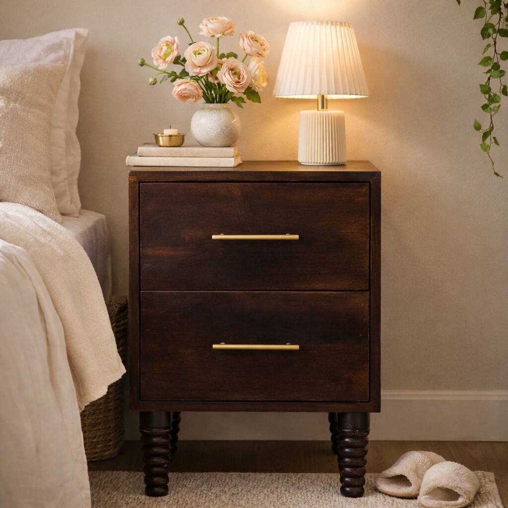 Angle. Artisan Furniture - Artisan Furniture Solid Wood Spindle Mocha Bedside Table, 2 Drawers, Dark Brown - Dark brown.