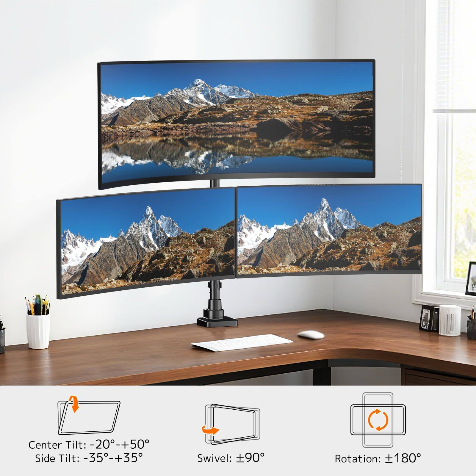 Center Tilt: -20°-+50°  
Side Tilt: -35°-+35°  
Swivel: ±90°  
Rotation: ±180°