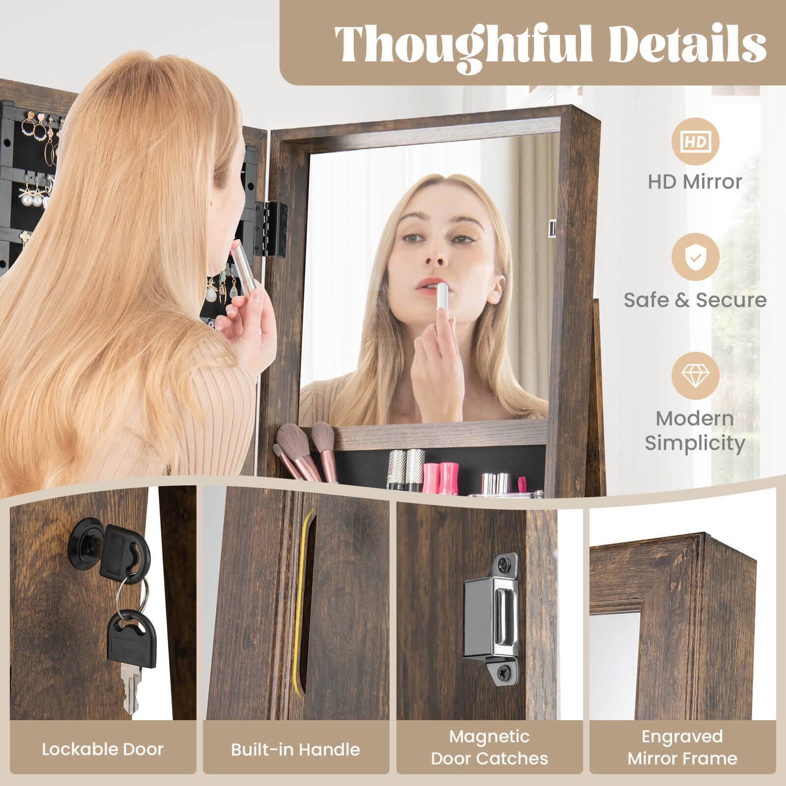Thoughtful Details

HD Mirror  
Safe & Secure  
Modern Simplicity  

Lockable Door  
Built-in Handle  
Magnetic Door Catches  
Engraved Mirror Frame
