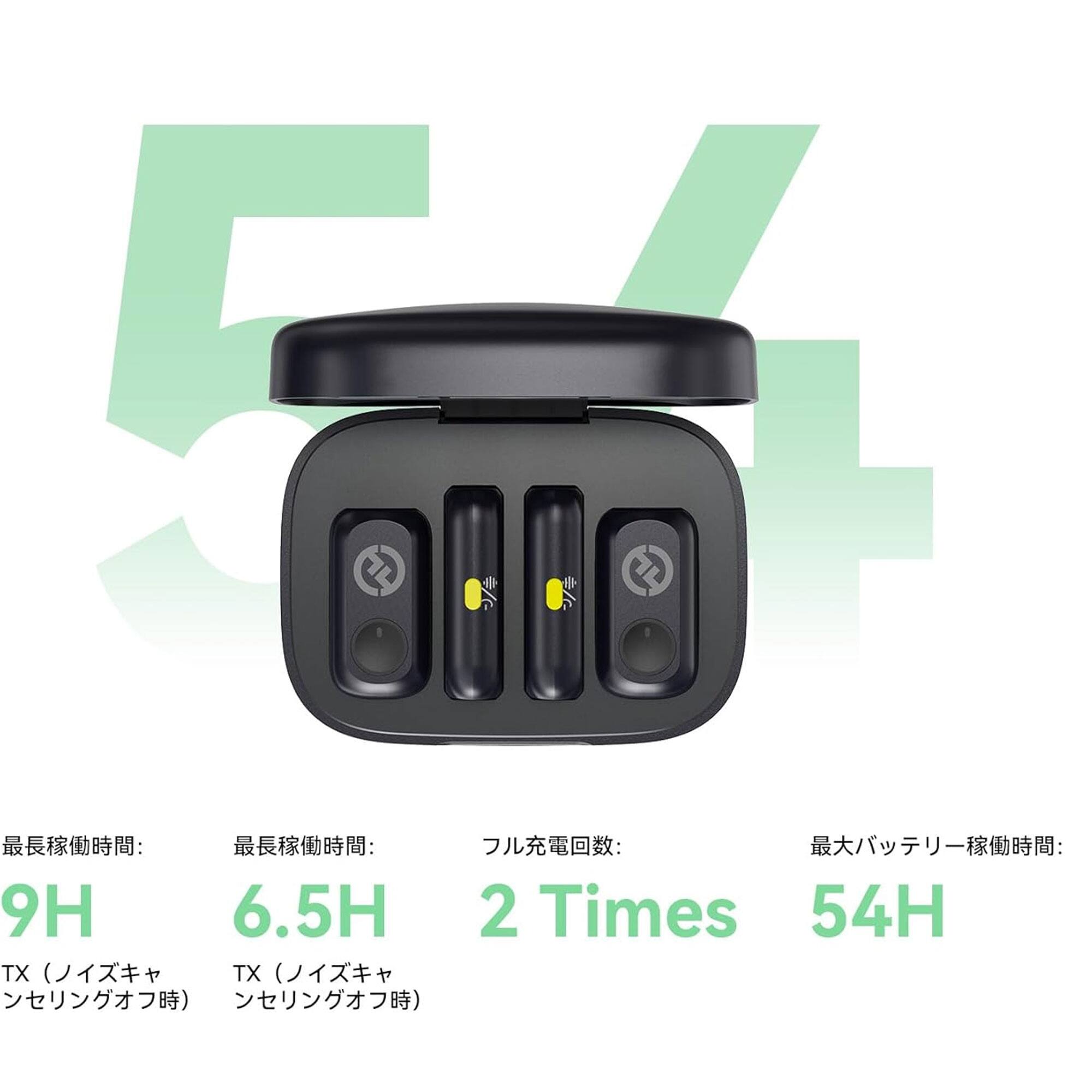 Sure, here is the corrected and grouped text:

- 最長稼働時間: 9H (TX ノイズキャンセリングオフ時)
- 最長稼働時間: 6.5H (TX ノイズキャンセリングオフ時)
- フル充電回数: 2 Times
- 最大バッテリー稼働時間: 54H