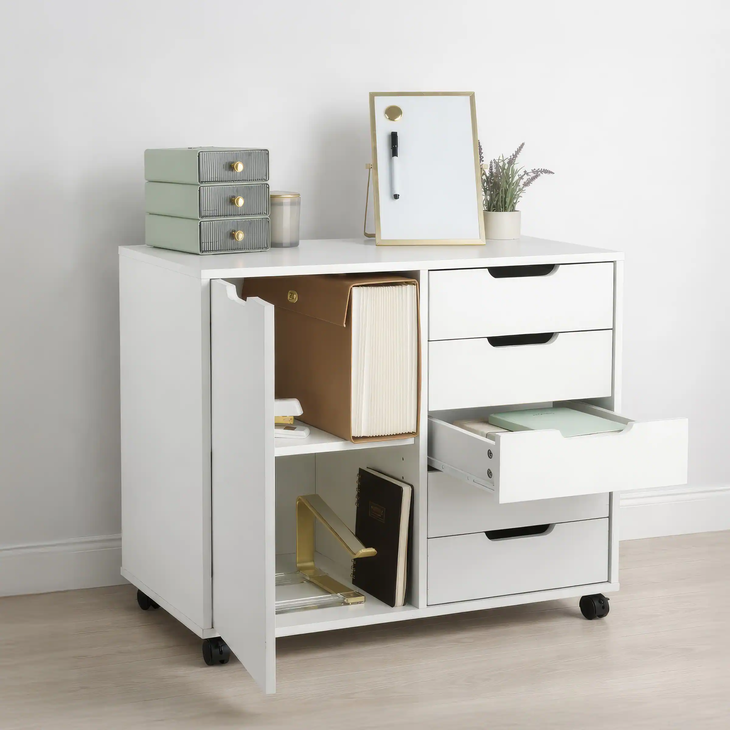 Alt View 6. Lavish Home - 5 Drawer Office Storage Cabinet Wooden Lateral File Cabinet with 5 Drawers, Door, and Adjustable Shelves - White.