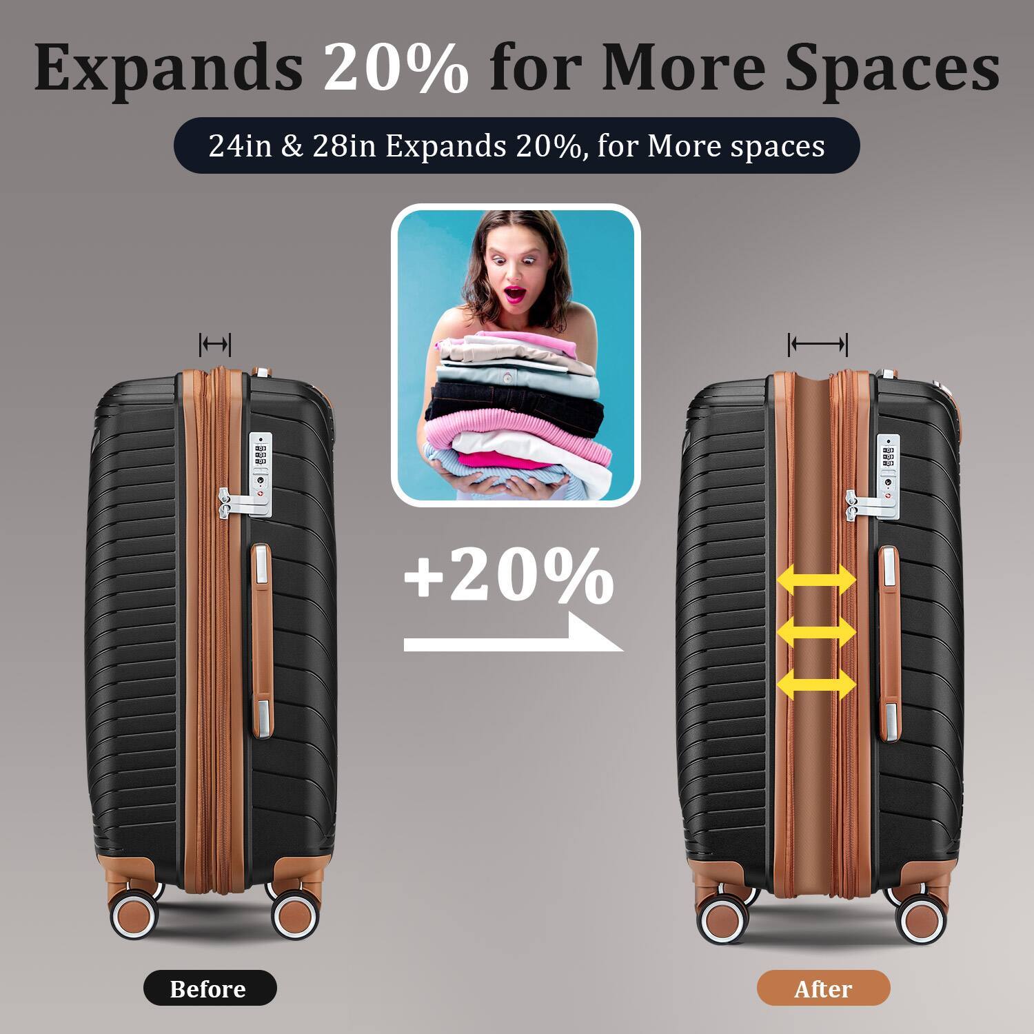 Expands 20% for More Spaces  
24in & 28in Expands 20%, for More spaces  

+20%  

Before  
After