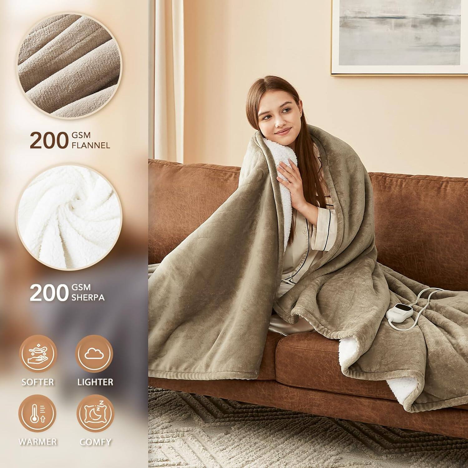 Alt View 5. blue - Paaaawaters Homemate Heated Blanket Electric Throw -Heating Blanket Throw 1/2/4/6/8 Hours Auto-Off 10 Heat Level - color:14-Aqua+size:62Inchx84Inch.