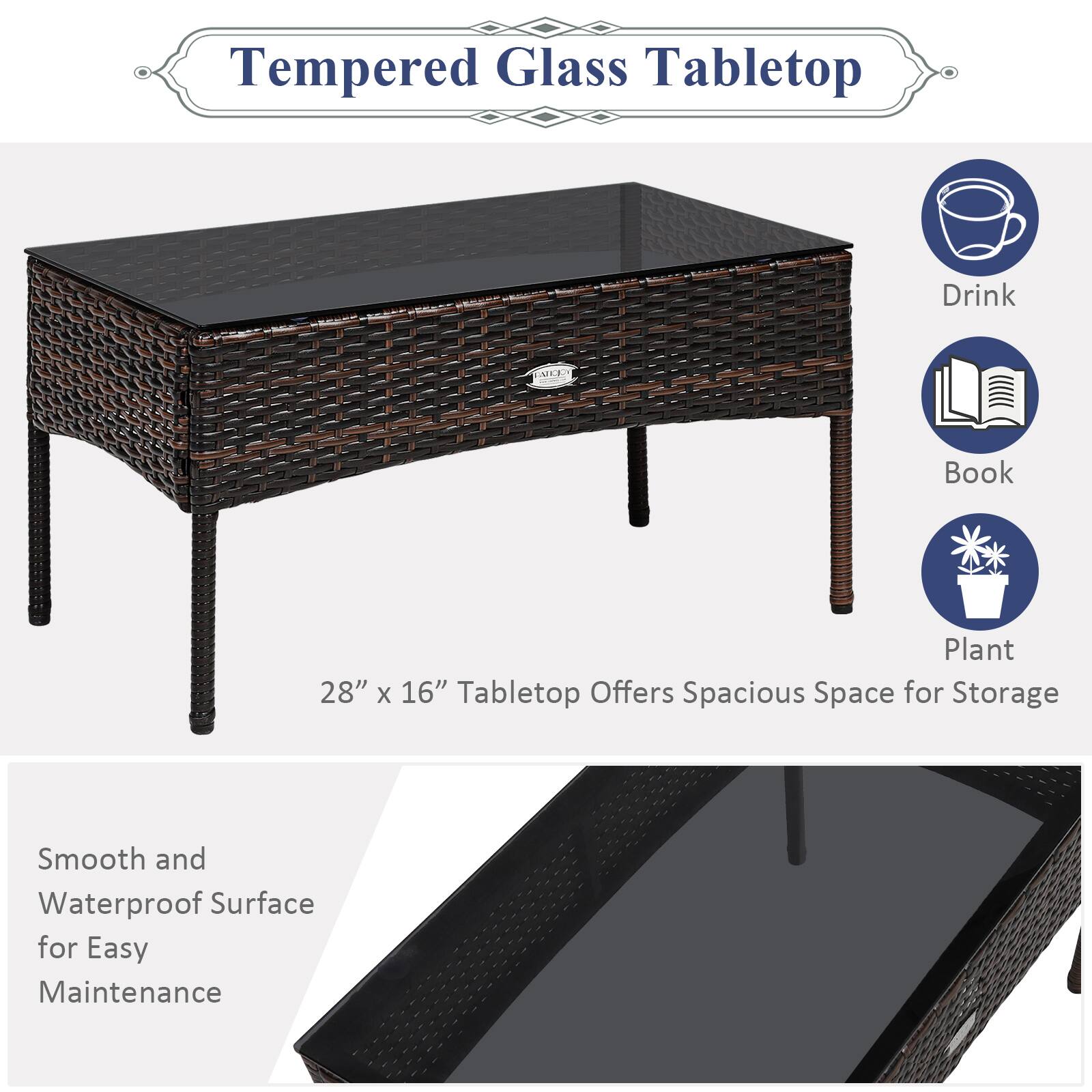 Tempered Glass Tabletop, Drink, Book, Plant, 28" x 16" Tabletop Offers Spacious Space for Storage, Smooth and Waterproof Surface for Easy Maintenance