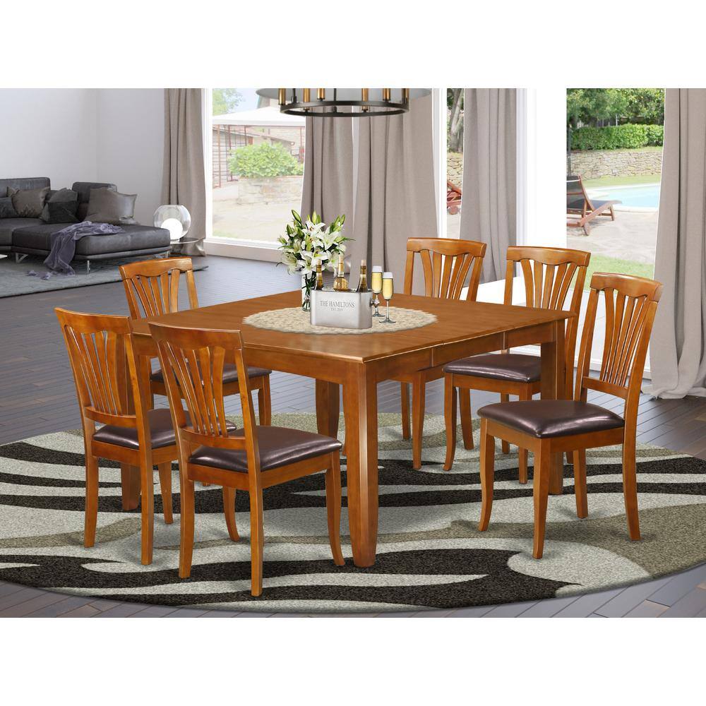 Back. East West Furniture - 7 Pc Dining room set-Square Dining Table with Leaf and 6 Dining Chairs - Saddle Brown.