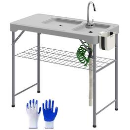 Outsunny - Folding Fish Cleaning Table with Sinks, Portable Camping Sink Table with Faucet, Drainage Hose, Sprayer, Shelf - Gray