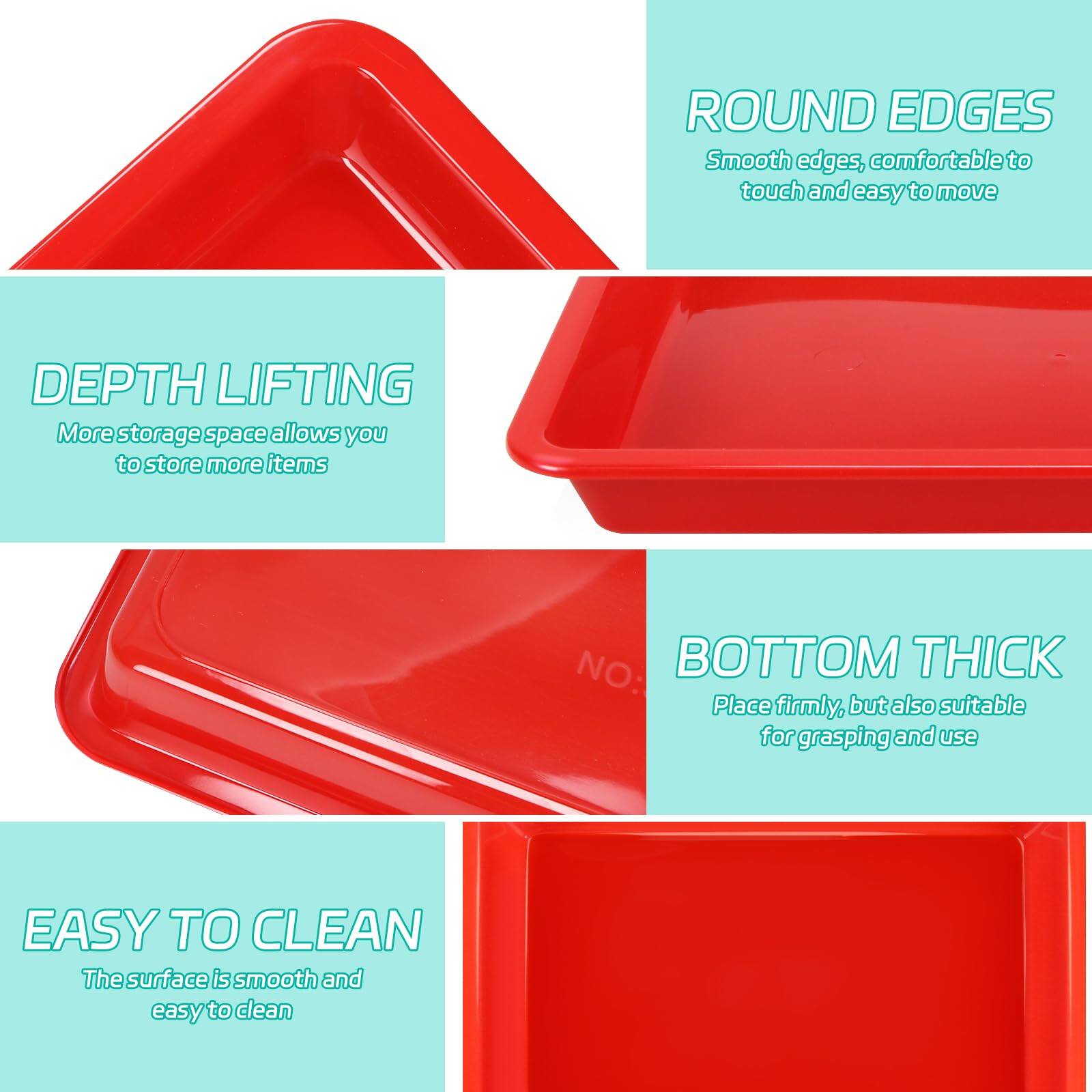 - **ROUND EDGES**  
  Smooth edges, comfortable to touch and easy to move

- **DEPTH LIFTING**  
  More storage space allows you to store more items

- **BOTTOM THICK**  
  Place firmly, but also suitable for grasping and use

- **EASY TO CLEAN**  
  The surface is smooth and easy to clean