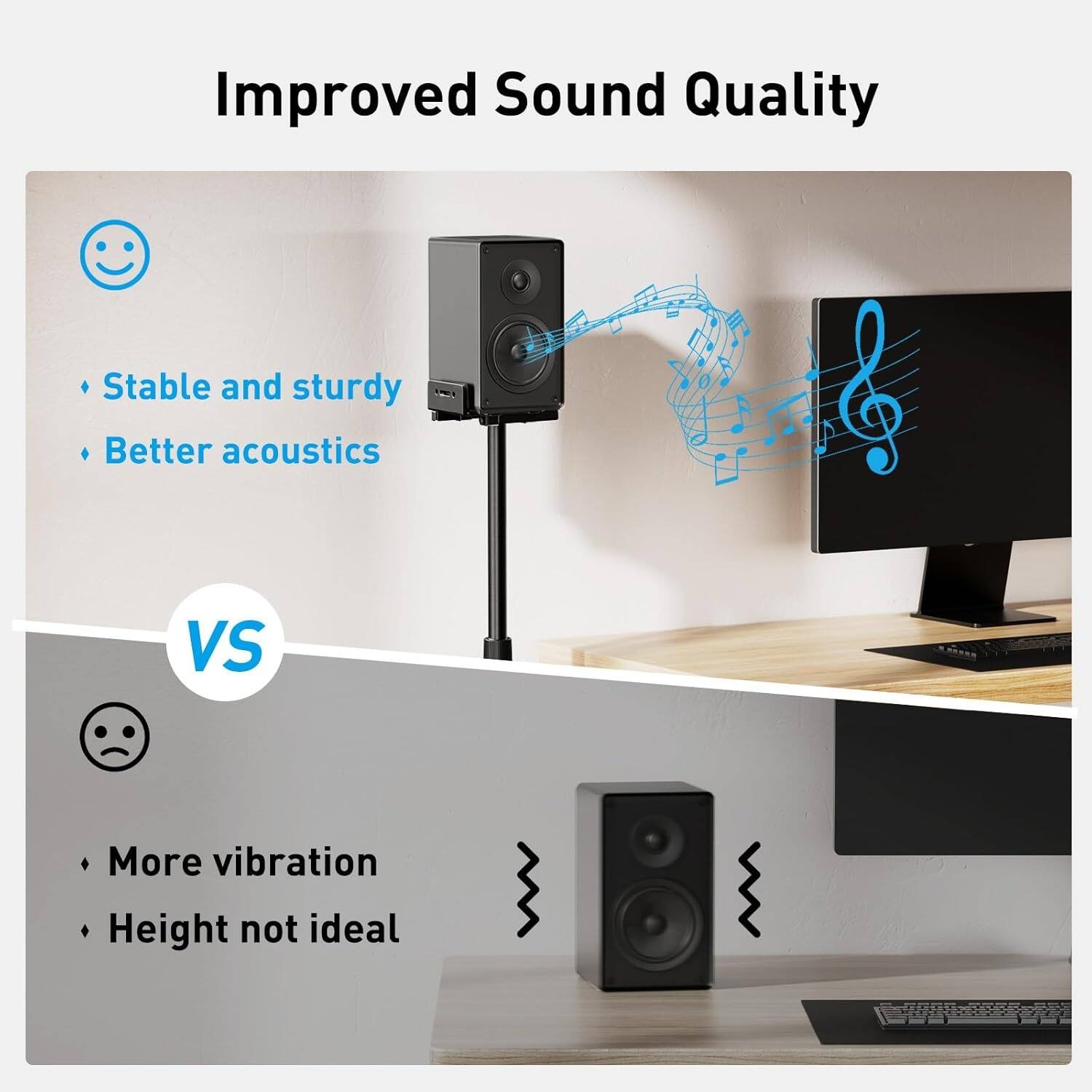 Improved Sound Quality

- Stable and sturdy
- Better acoustics

VS

- More vibration
- Height not ideal