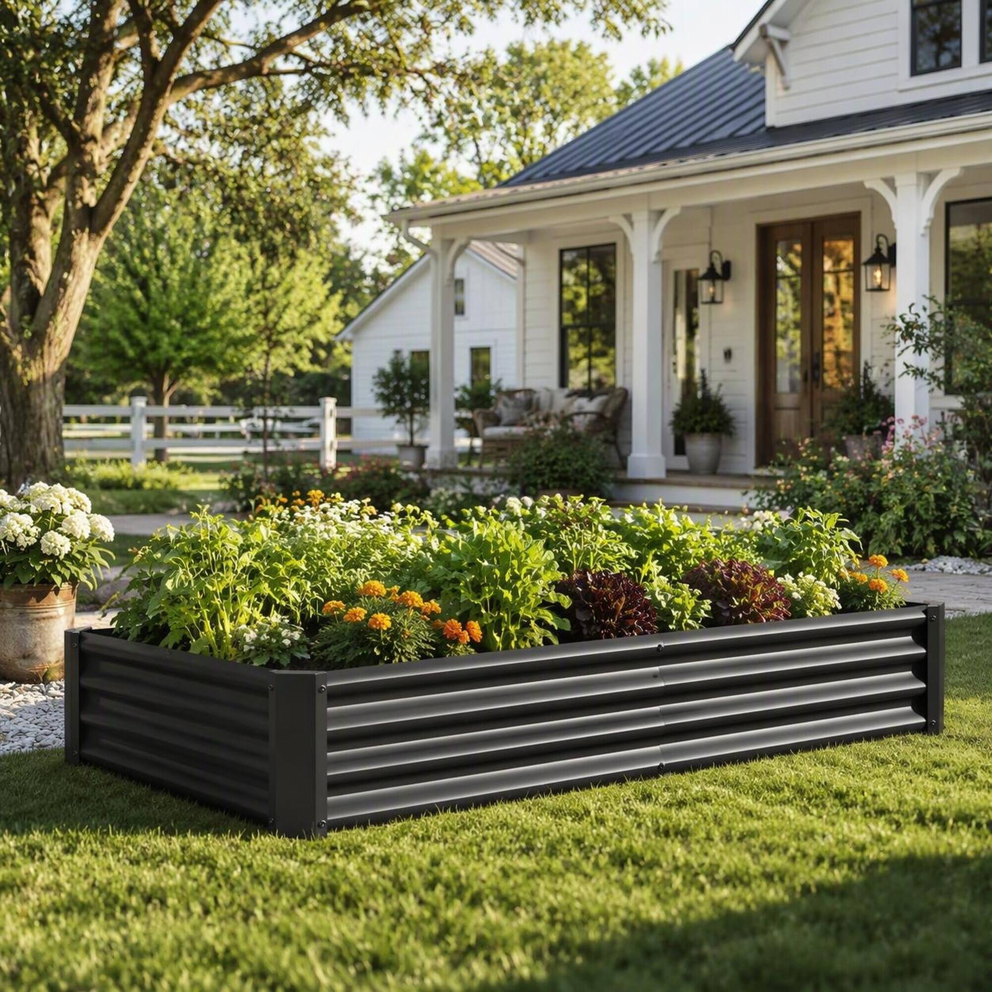 Left. RYHNUYNE - Metal Raised Garden Bed 6x3x1 ft Outdoor Black Rectangle Planter for Vegetables Flowers with Open Base Drainage - Black.