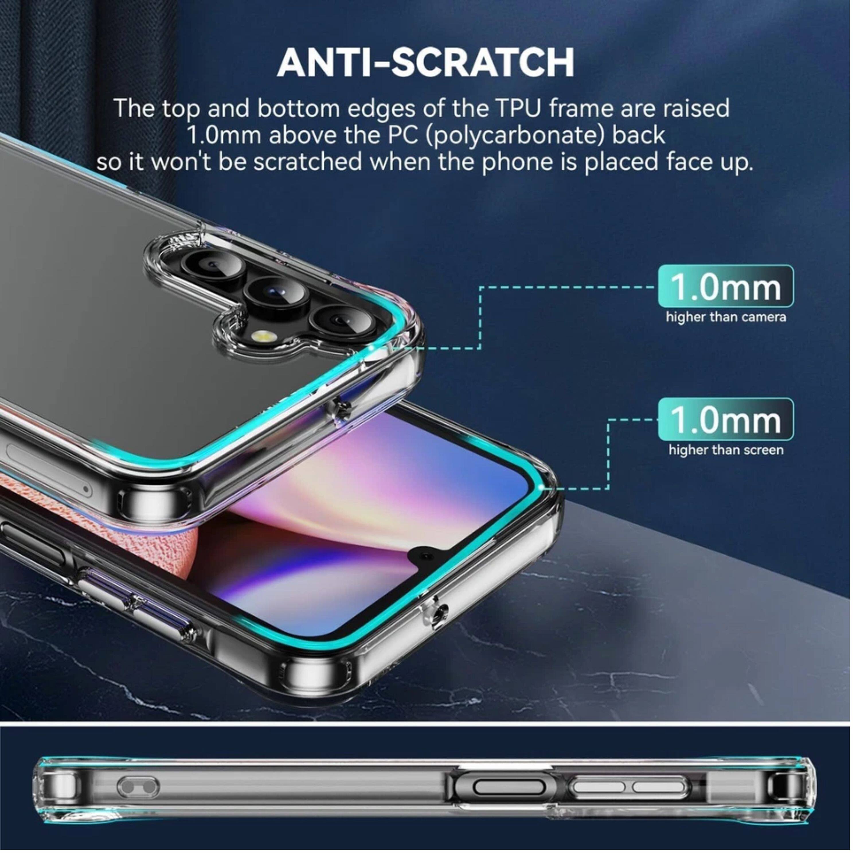 ANTI-SCRATCH

The top and bottom edges of the TPU frame are raised 1.0mm above the PC (polycarbonate) back so it won't be scratched when the phone is placed face up.

1.0mm higher than camera
1.0mm higher than screen