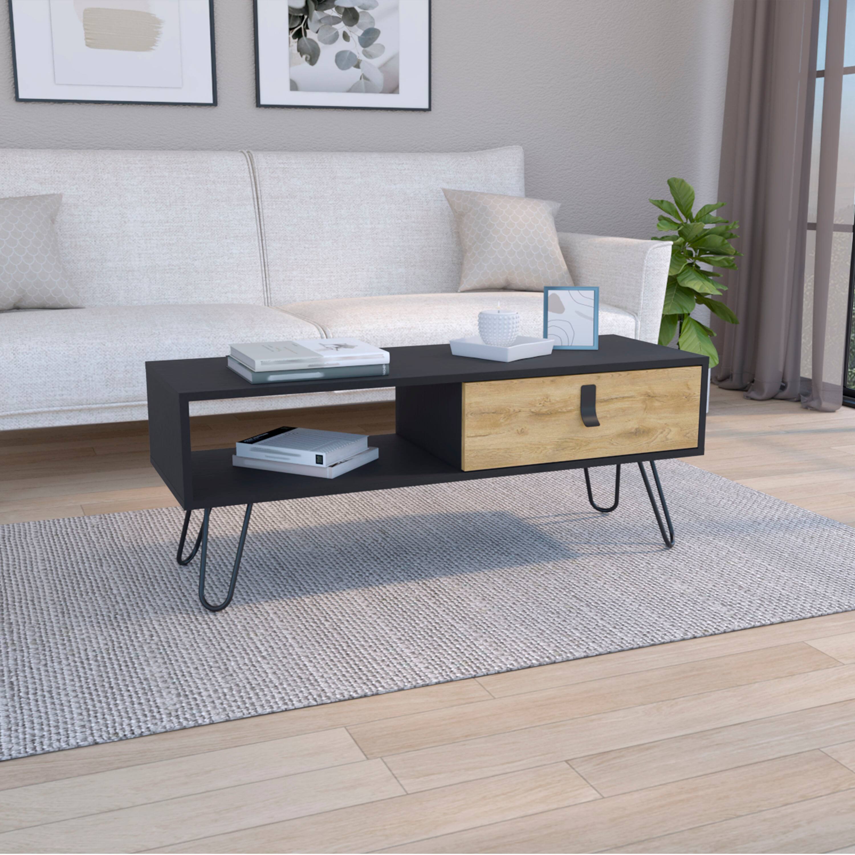 Angle. TuHome - Huna Coffee Table With Hairpin Legs And Ample Storage Drawer - Black / Macadamia.