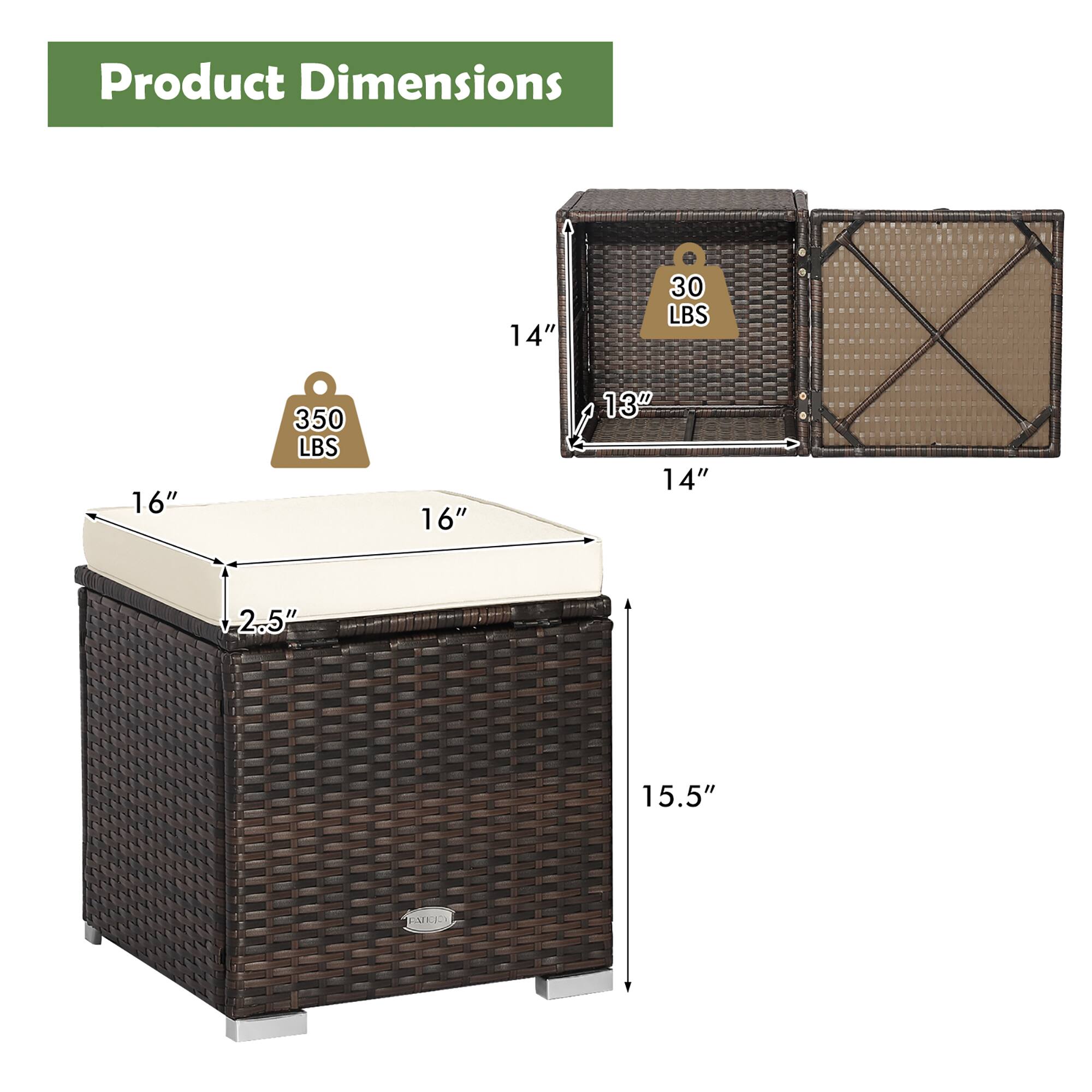Product Dimensions

- 16" x 16" x 14" x 2.5" x 15.5"
- 350 LBS
- 14" x 13" x 14"
- 30 LBS