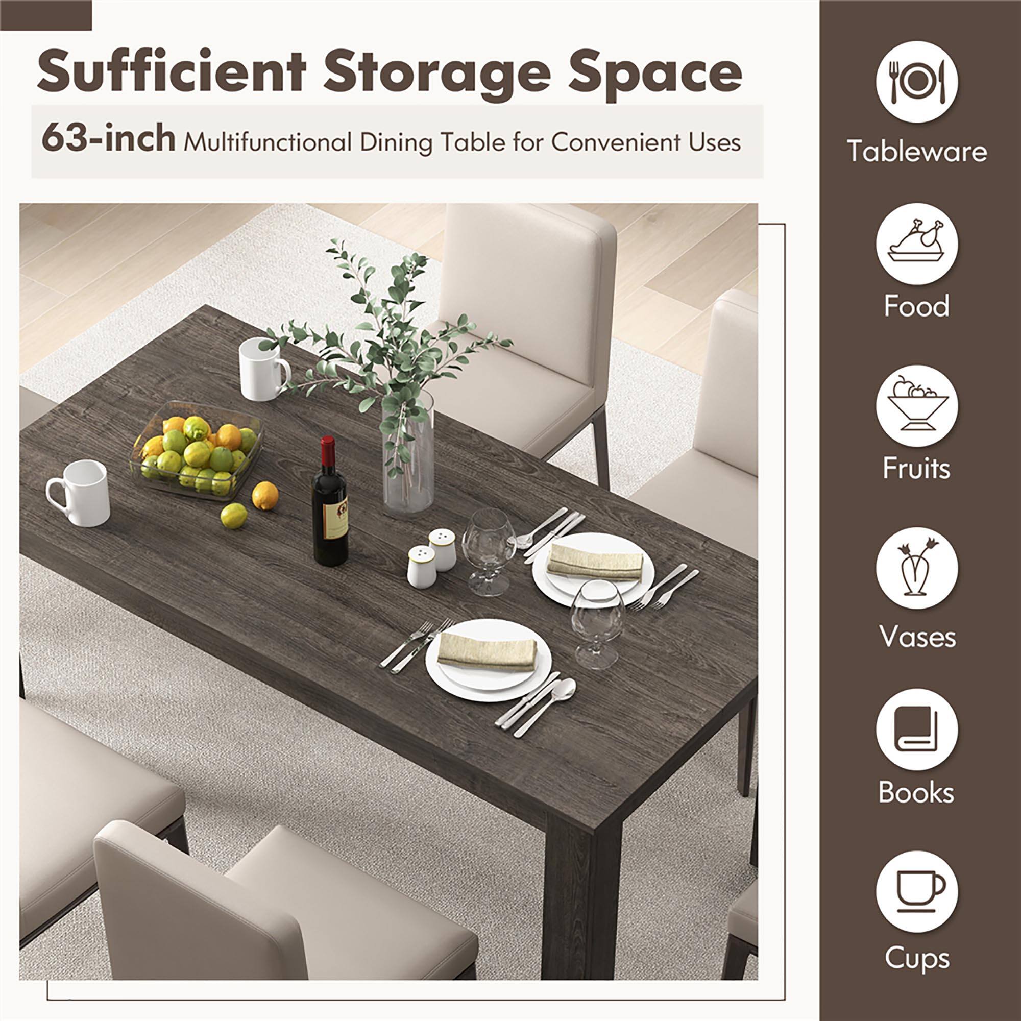 Sufficient Storage Space  
63-inch Multifunctional Dining Table for Convenient Uses  

Tableware  
Food  
Fruits  
Vases  
Books  
Cups