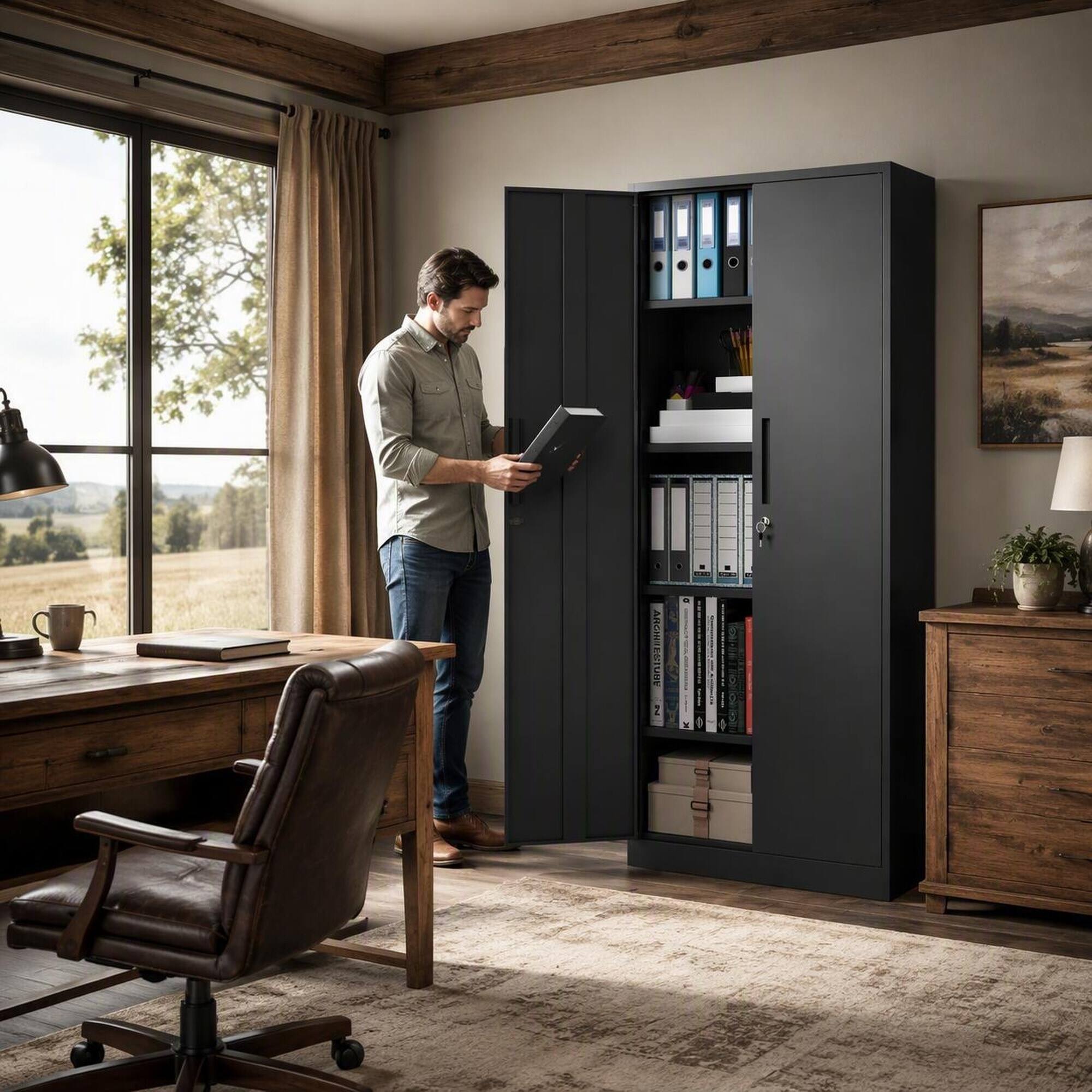 Back. RYHNUYNE - 71 in Tall Metal Garage Storage Cabinet with Locking Doors and 4 Adjustable Shelves, Black Steel Lockable File Cabinet.