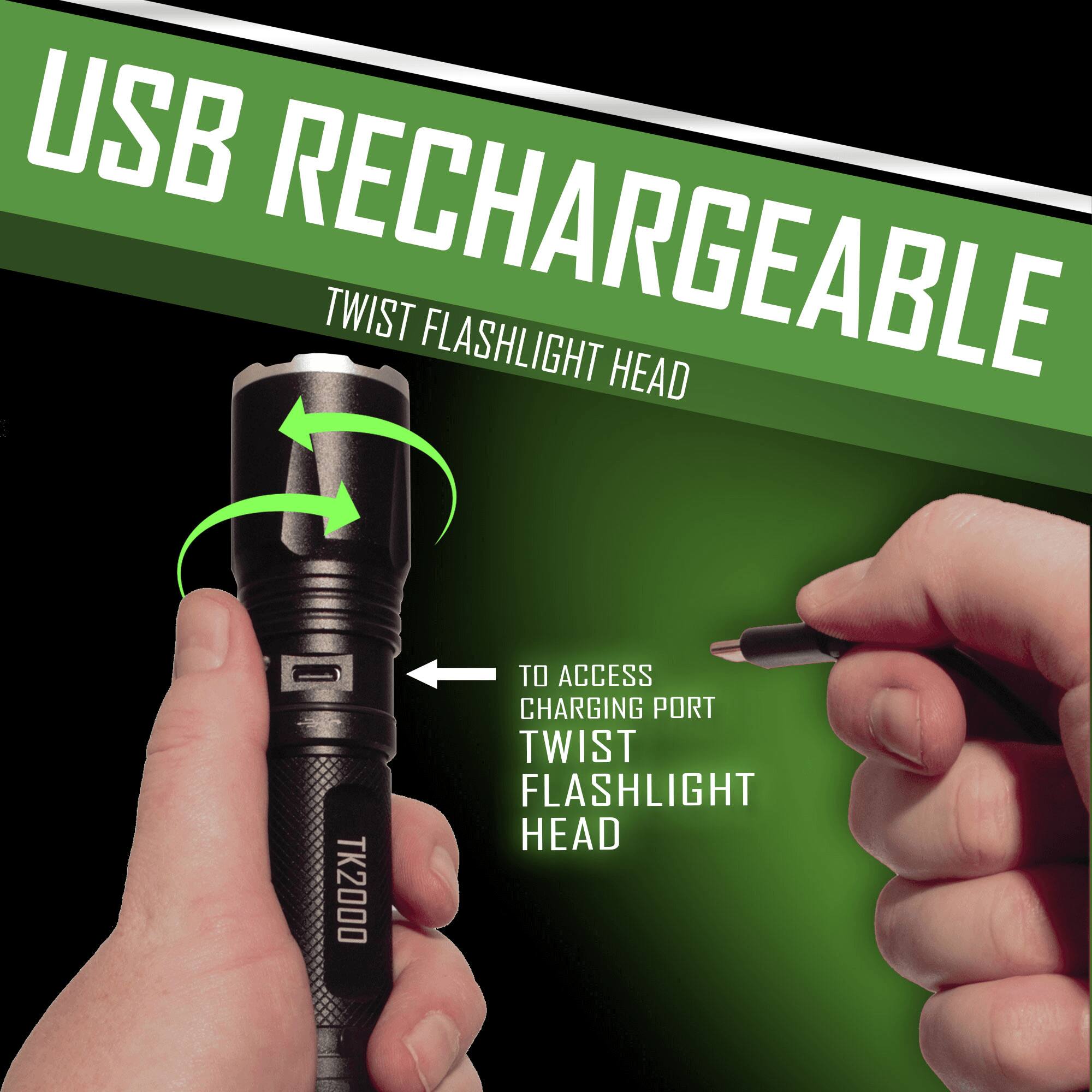 USB RECHARGEABLE  
TWIST FLASHLIGHT HEAD  

TO ACCESS CHARGING PORT  
TWIST FLASHLIGHT HEAD