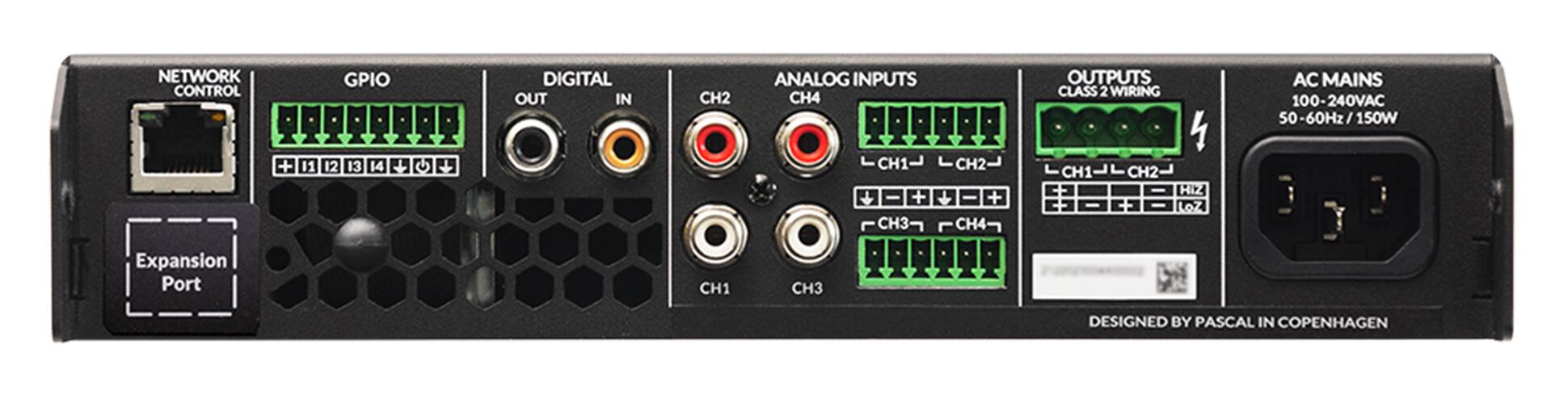 NETWORK CONTROL  
GPIO  
DIGITAL  
OUT IN  
+ 11 12 13 14 +  
G J  
CH2  
ANALOG INPUTS  
CH4  
CH1  
CH2  
CH1  
CH2  
HIZ  
+ -++ - + - +  
LoZ  
CH3  
CH4  
AC MAINS  
100-240VAC  
50-60Hz/150W  
Expansion Port  
CH1  
CH3  
DESIGNED BY PASCAL IN COPENHAGEN