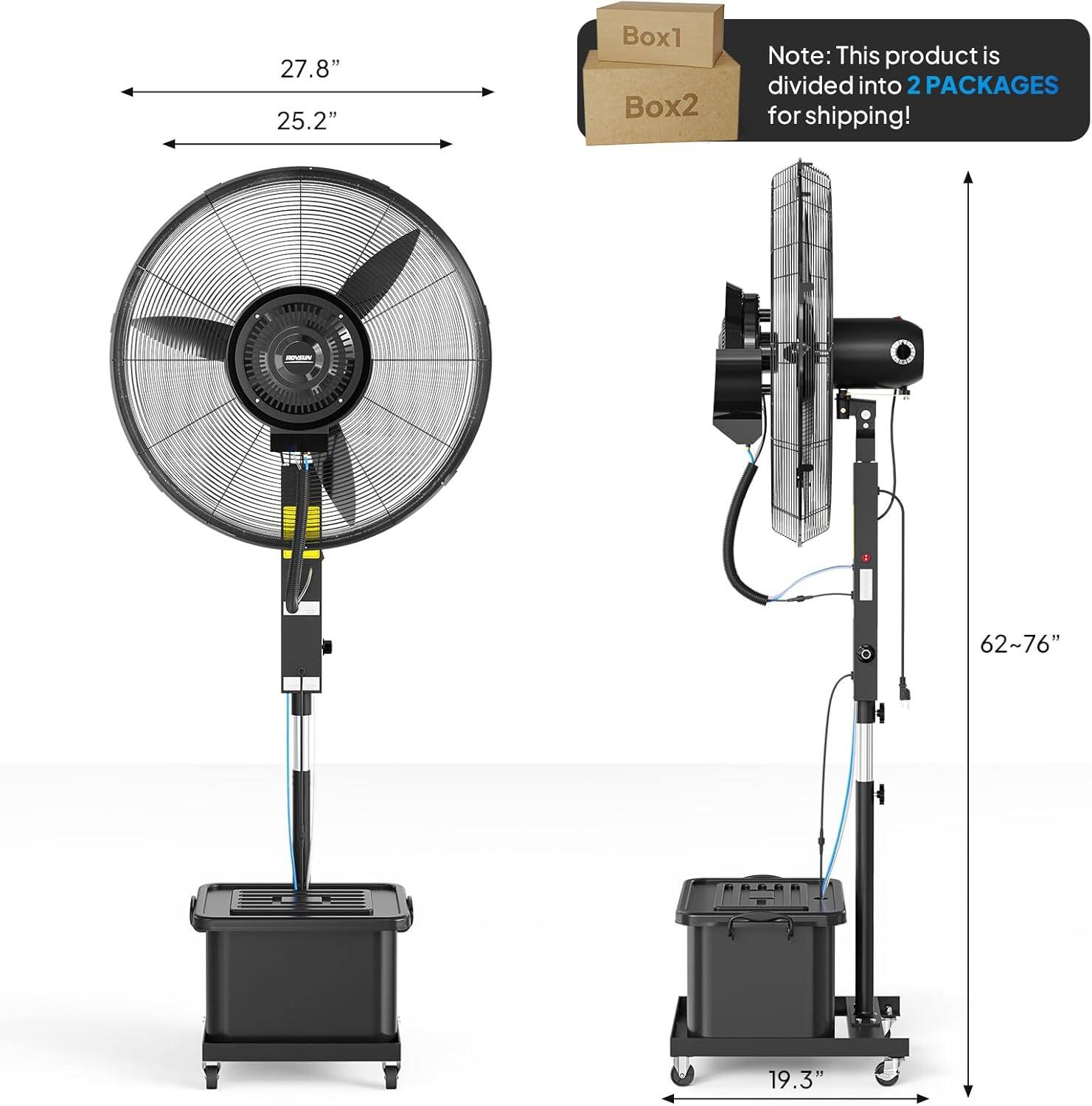 27.8"  
25.2"  

Note: This product is divided into 2 PACKAGES for shipping!  

TL M  
62~76"  
19.3"  

Box1  
Box2