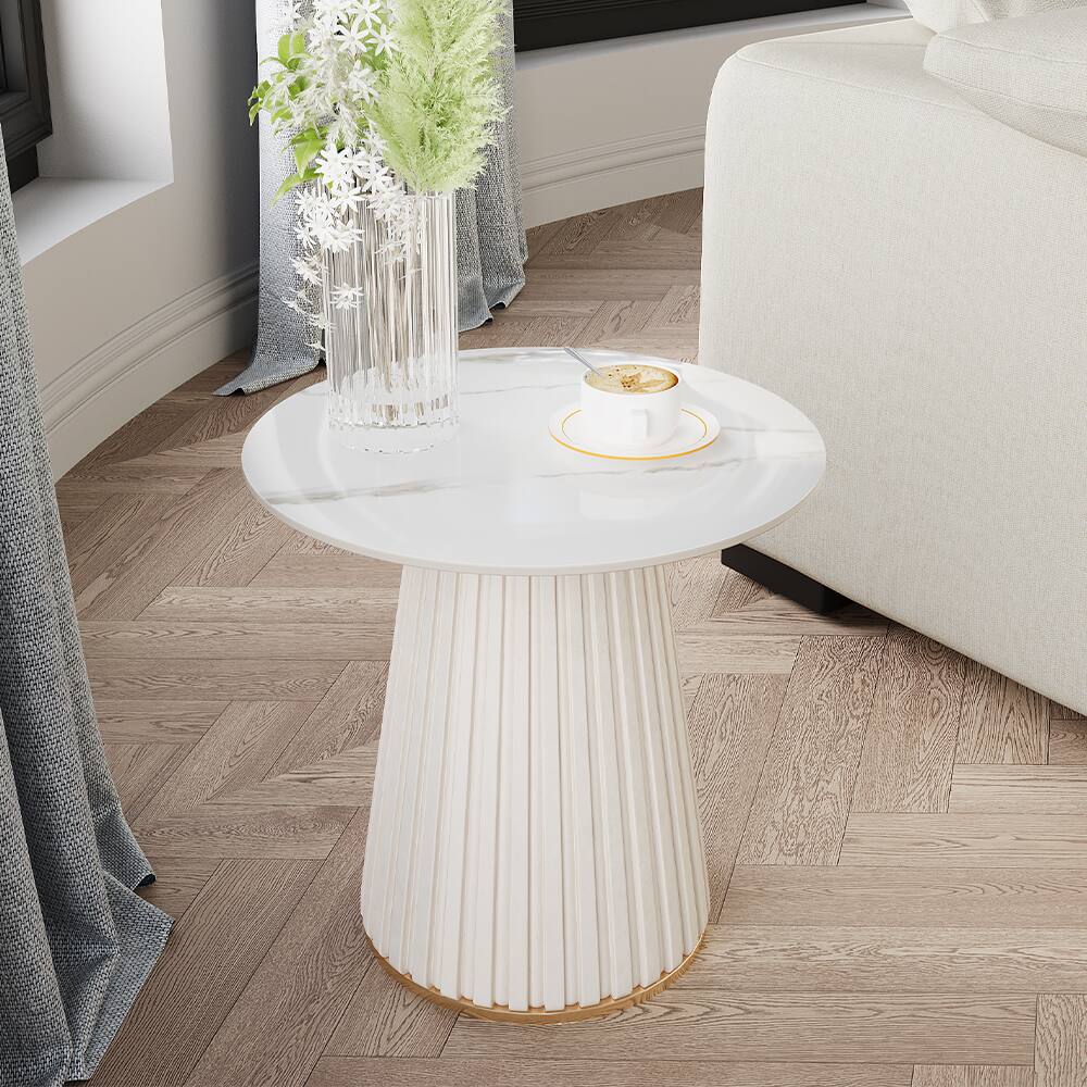 Alt View 2. POVISON - 14.96" Modern Light Luxury Side Table, End Side with Glossy Sintered Stone Top, Metal Base, White - White.