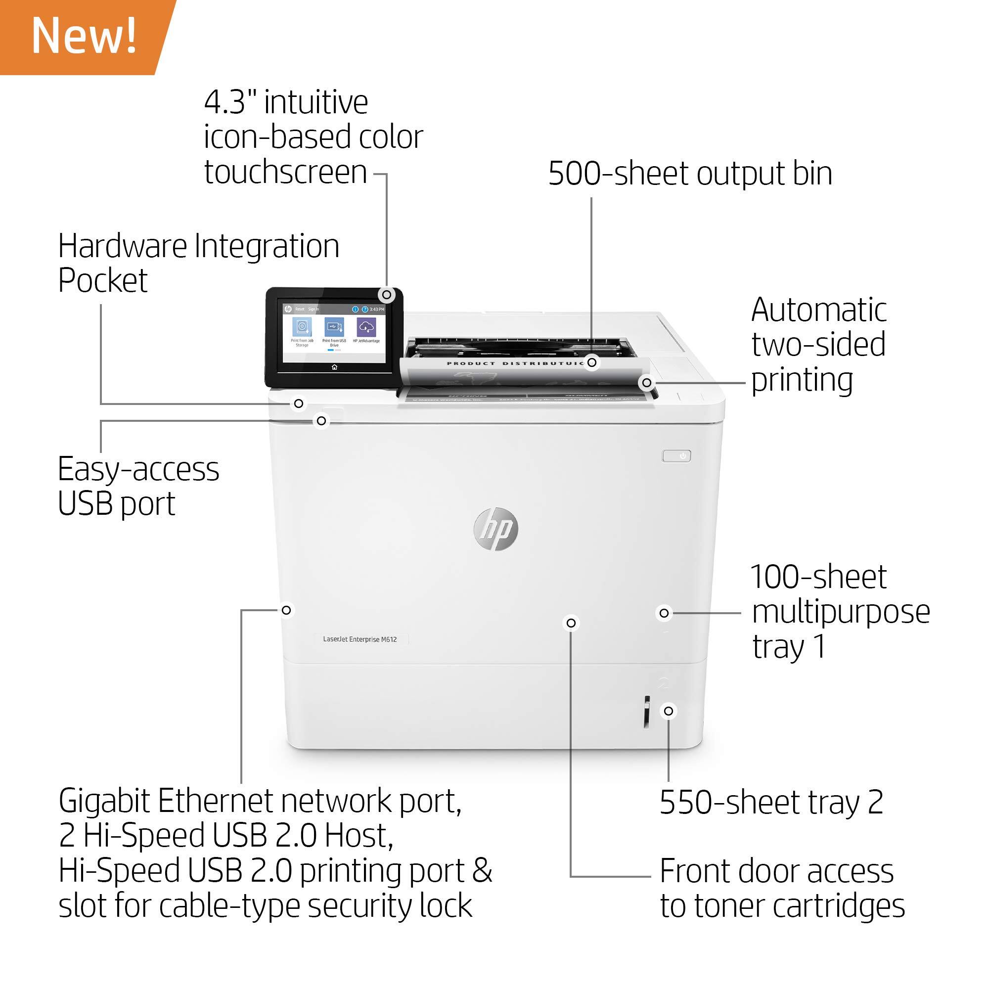New!  
4.3" intuitive icon-based color touchscreen  
Hardware Integration Pocket  
Easy-access USB port  
Gigabit Ethernet network port, 2 Hi-Speed USB 2.0 Host, Hi-Speed USB 2.0 printing port & slot for cable-type security lock  
500-sheet output bin  
Automatic two-sided printing  
100-sheet multipurpose tray 1  
550-sheet tray 2  
Front door access to toner cartridges
