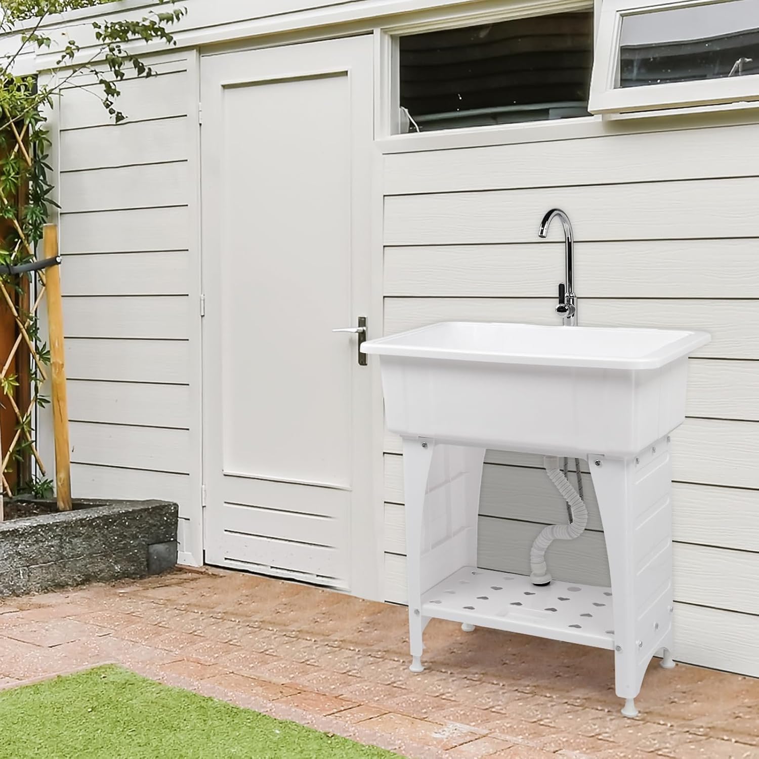 Left. Winado - Freestanding Utility Sink with Dual Temperature Faucet & Bottom Storage Shelf for Laundry Room, Garage Workshop Cleaning - White.