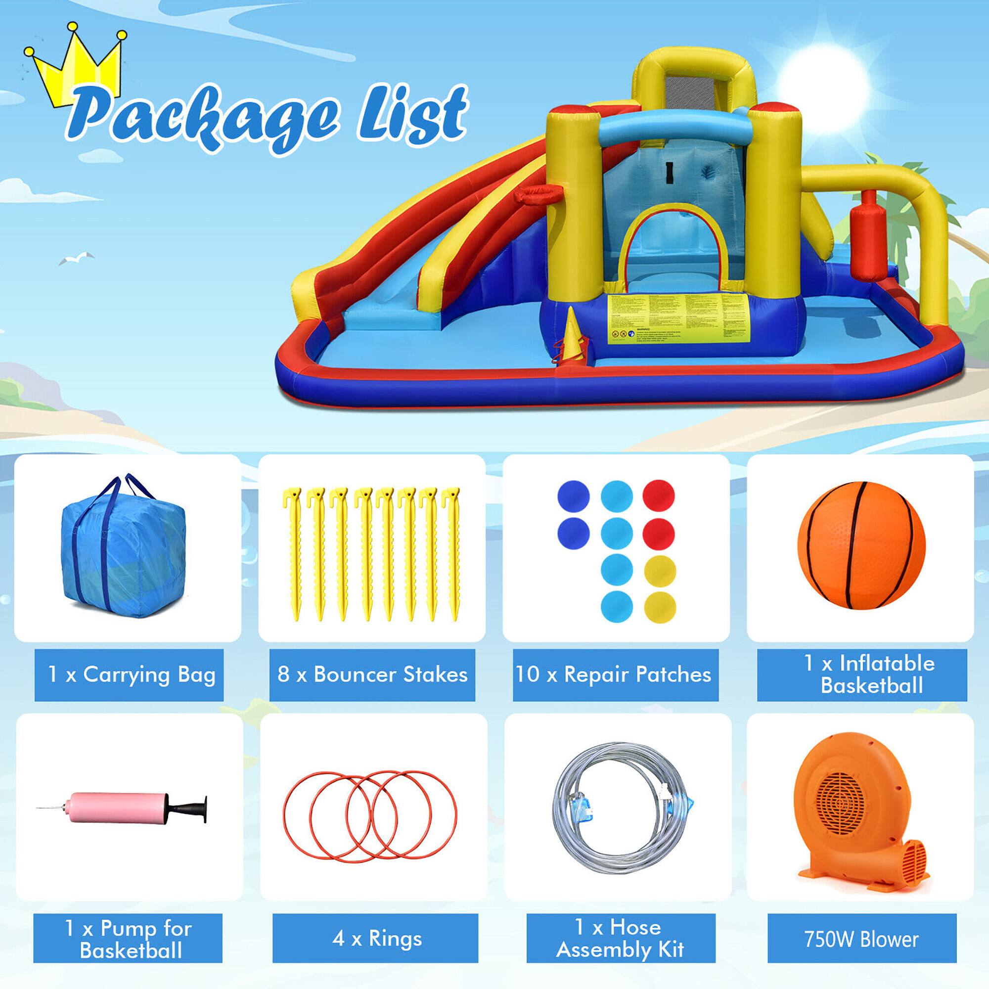 Package List

- 1 x Carrying Bag
- 8 x Bouncer Stakes
- 10 x Repair Patches
- 1 x Inflatable Basketball
- 1 x Pump for Basketball
- 4 x Rings
- 1 x Hose Assembly Kit
- 750W Blower