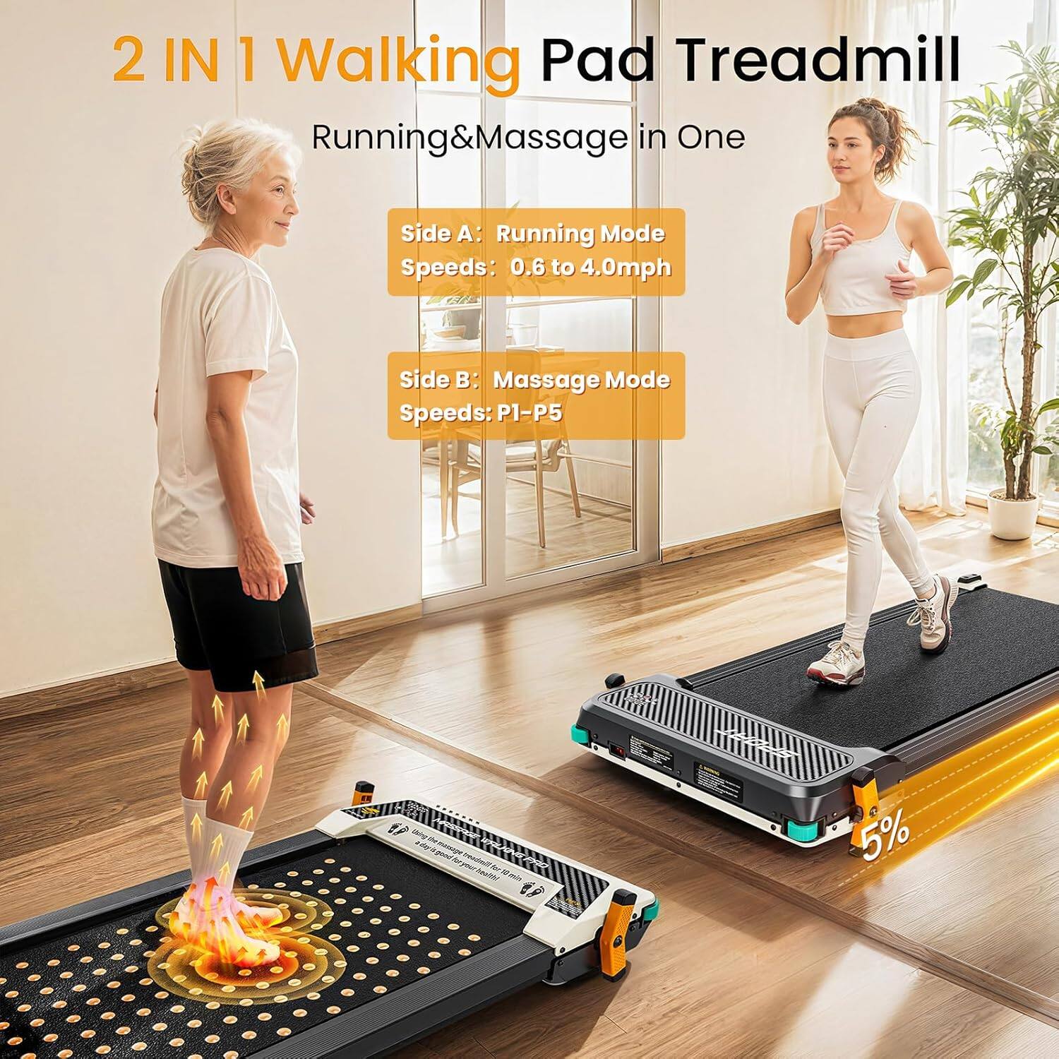 2 IN 1 Walking Pad Treadmill  
Running & Massage in One  

Side A: Running Mode  
Speeds: 0.6 to 4.0mph  

Side B: Massage Mode  
Speeds: P1-P5  

5%