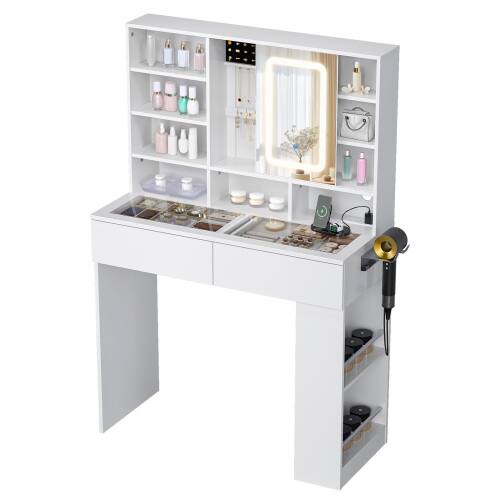 Alt View 1. Winado - Visualized Glass Tabletop Vanity Table with USB Charging Station, LED Lighted Mirror, Side-mounted Hidden Storage Shelve - White.