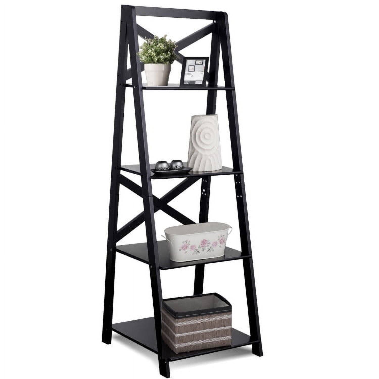 Back. Kadyn - Bookshelf, Open Bookcase Book Shelf,Storage Shelf Unit Plant Stand,4-Tier Leaning Free Standing Ladder Shelf Bookcase - Black.
