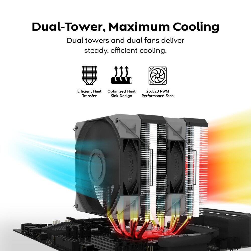 Dual-Tower, Maximum Cooling

Dual towers and dual fans deliver steady, efficient cooling.

- Efficient Heat Transfer
- Optimized Heat Sink Design
- 2 X E28 PWM Performance Fans