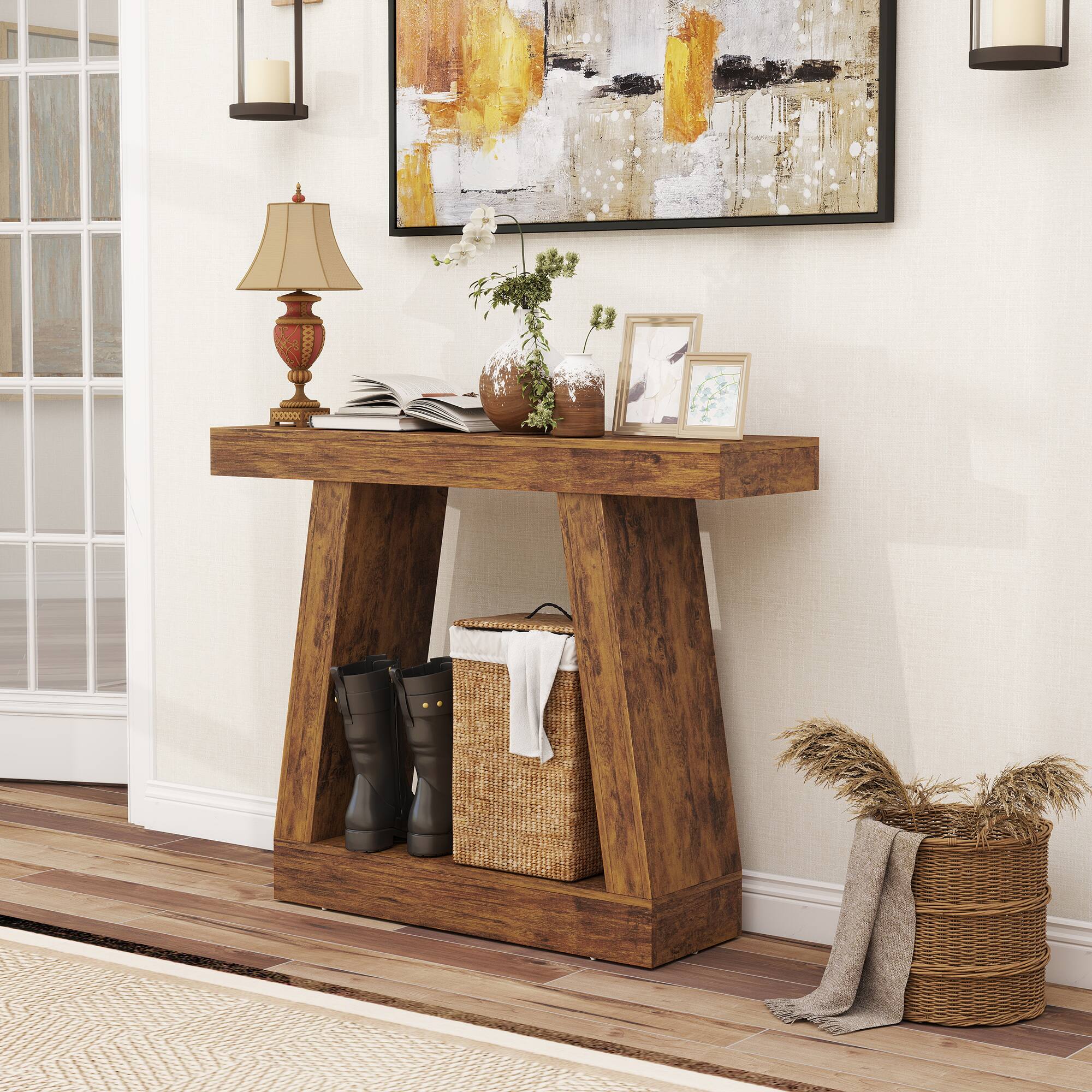 Alt View 5. Homcom - Farmhouse Console Table, 2-Tier Entryway Table with Storage for Hallway, Living Room, Behind Couch - Dark brown.