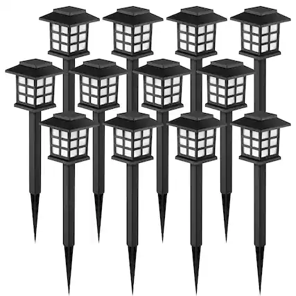 Front. Dazzed Corner - 12-Pack LED Solar Pathway Lights, Waterproof, 10-Hour Outdoor Lighting - Black.