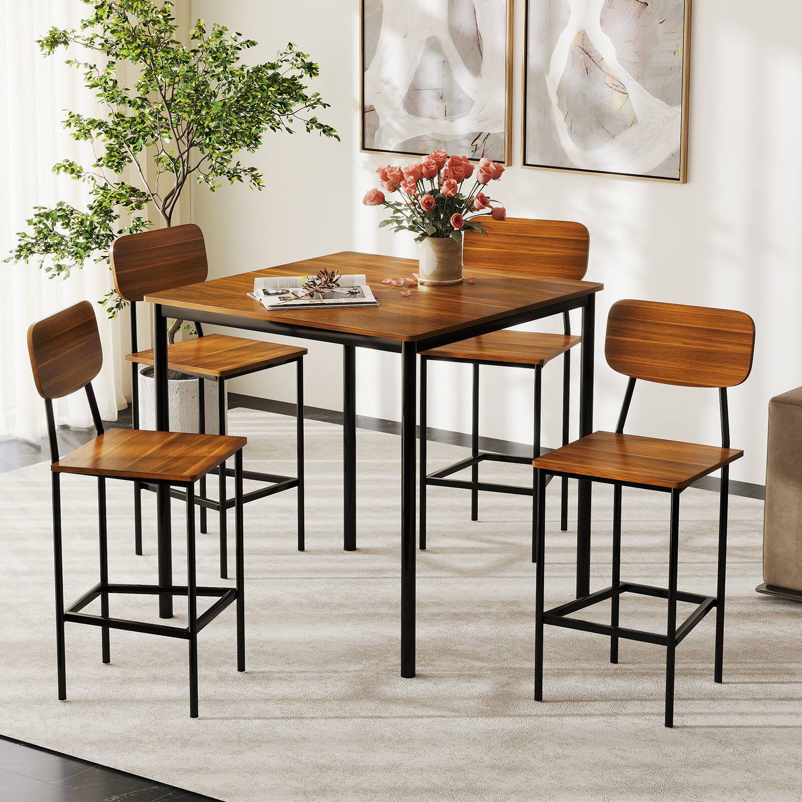 Angle. SlickBlue - 5-Piece Industrial Dining Set with Counter Height Table and 4 Bar Stools - Teak.