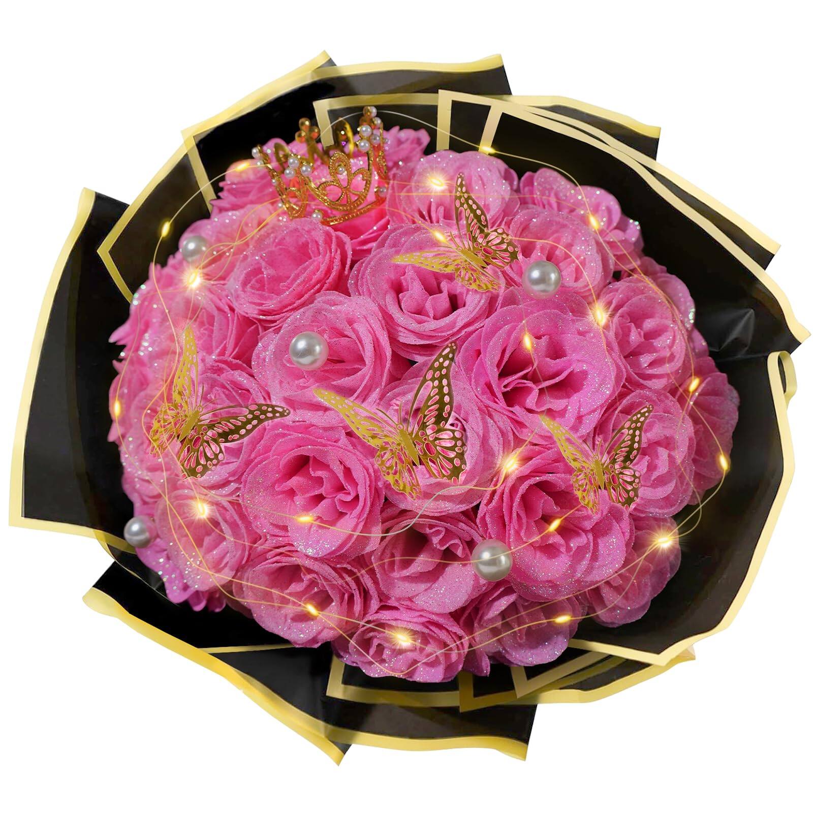 Alt View 1. Stylel Star - Pink Glitter Roses Bouquet 24 Shiny Flowers Everlasting Diy Artificial For Christmas Birthday Anniversary Wedding Engage - Blue-a-24 PCS.