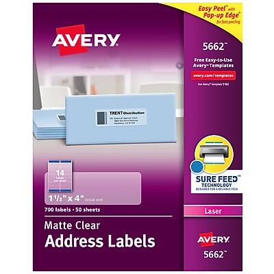 Easy Peel™ with Pop-up Edge for fast peeling

AVERY 5662

Free Easy-to-Use Avery Templates
avery.com/templates

UN 12 TRENT Oin

14 11/3" x 4"

700 labels - 50 sheets

Matte Clear Address Labels

SURE FEED TECHNOLOGY

DESIGNED FOR LASER

AVERY 5662