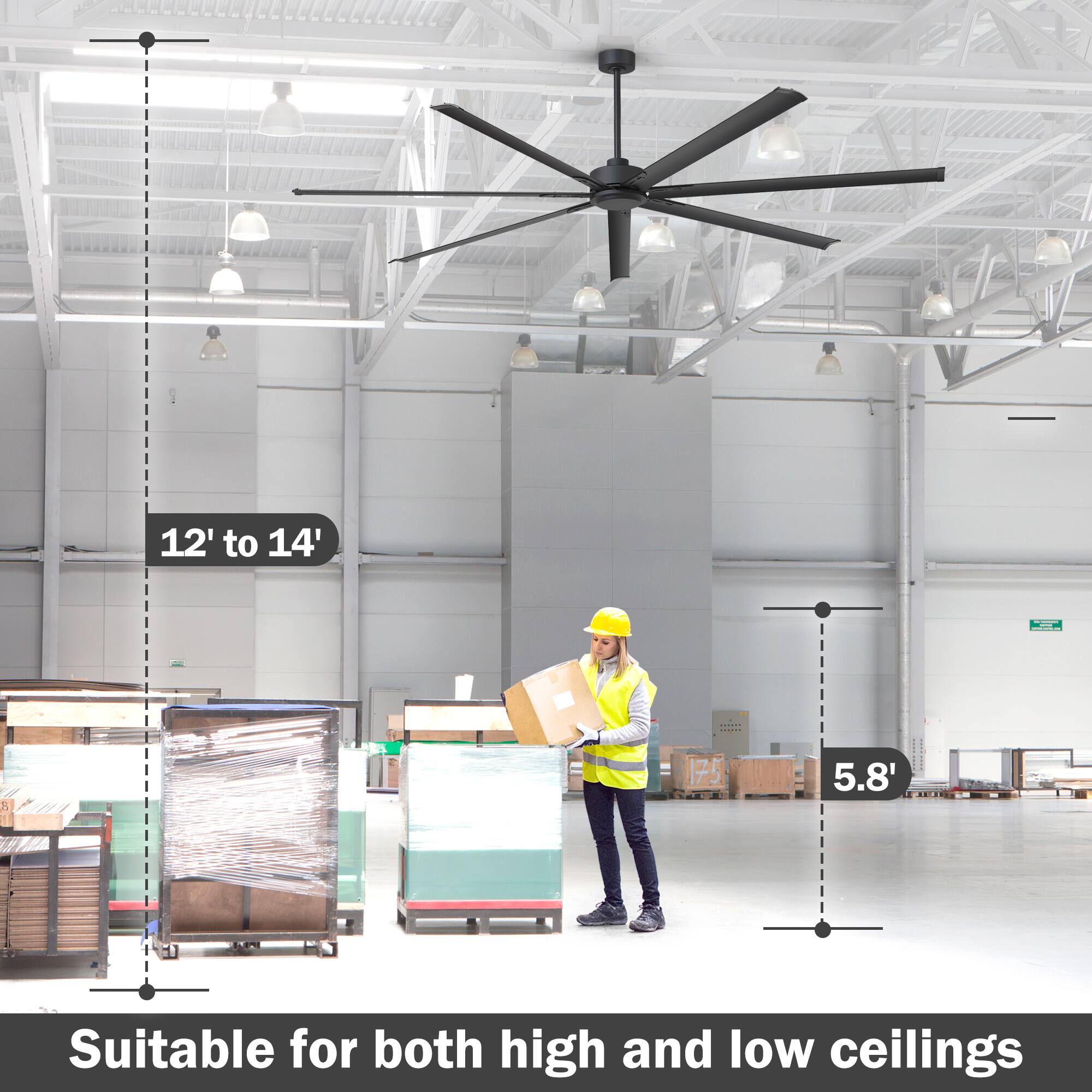 12' to 14'  
5.8'  
Suitable for both high and low ceilings