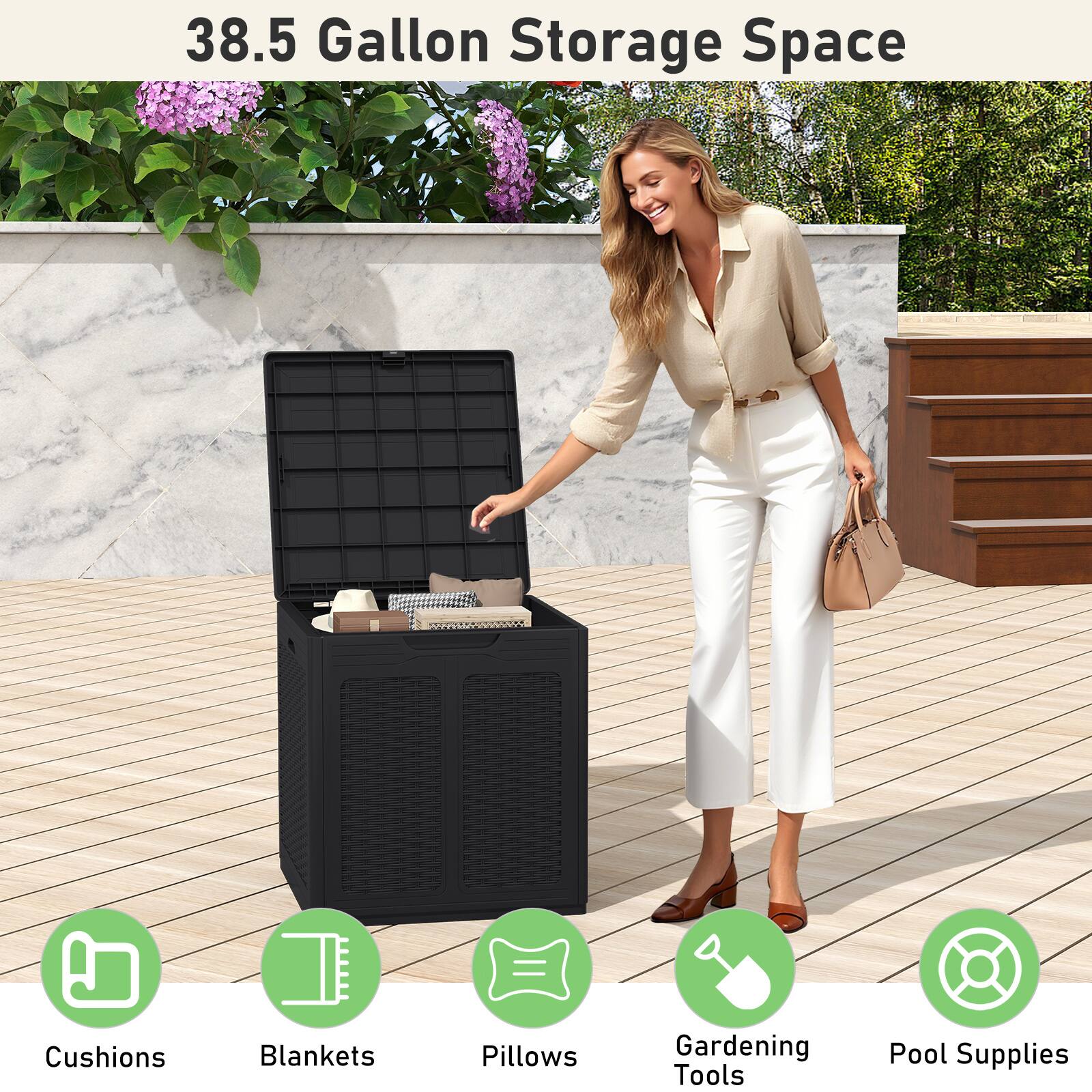 38.5 Gallon Storage Space

- Cushions
- Blankets
- Pillows
- Gardening Tools
- Pool Supplies